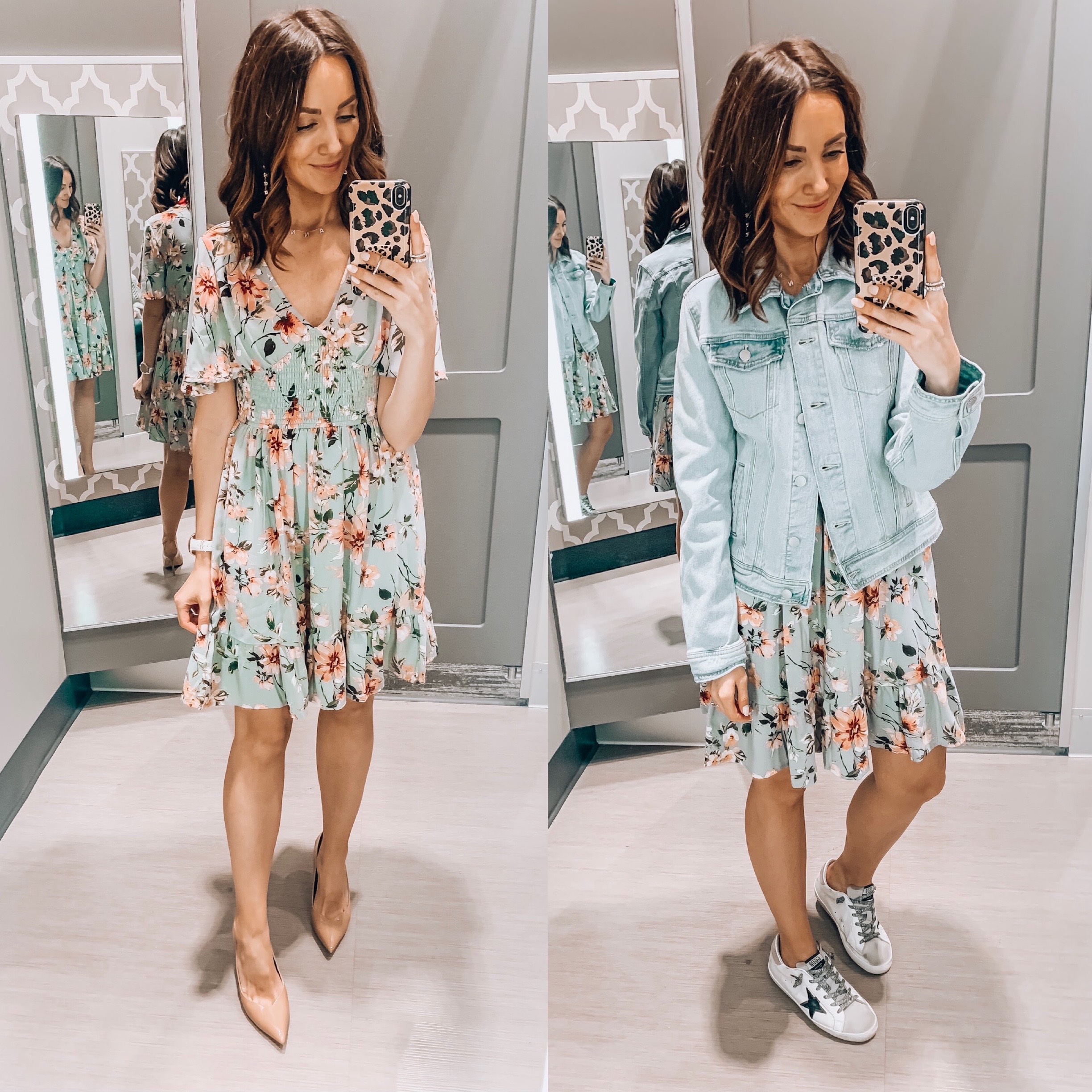 woman wearing floral dress with denim jacket