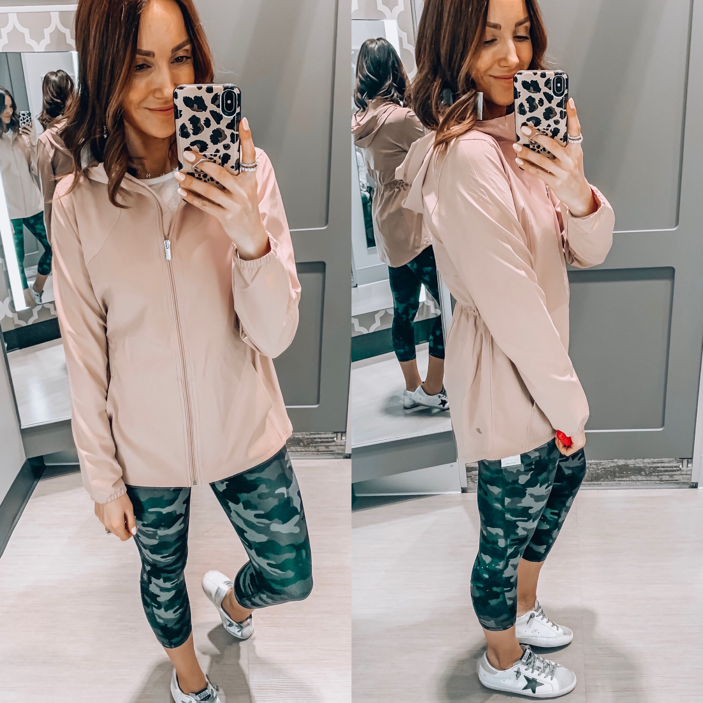 jacket, camo leggings, white tee