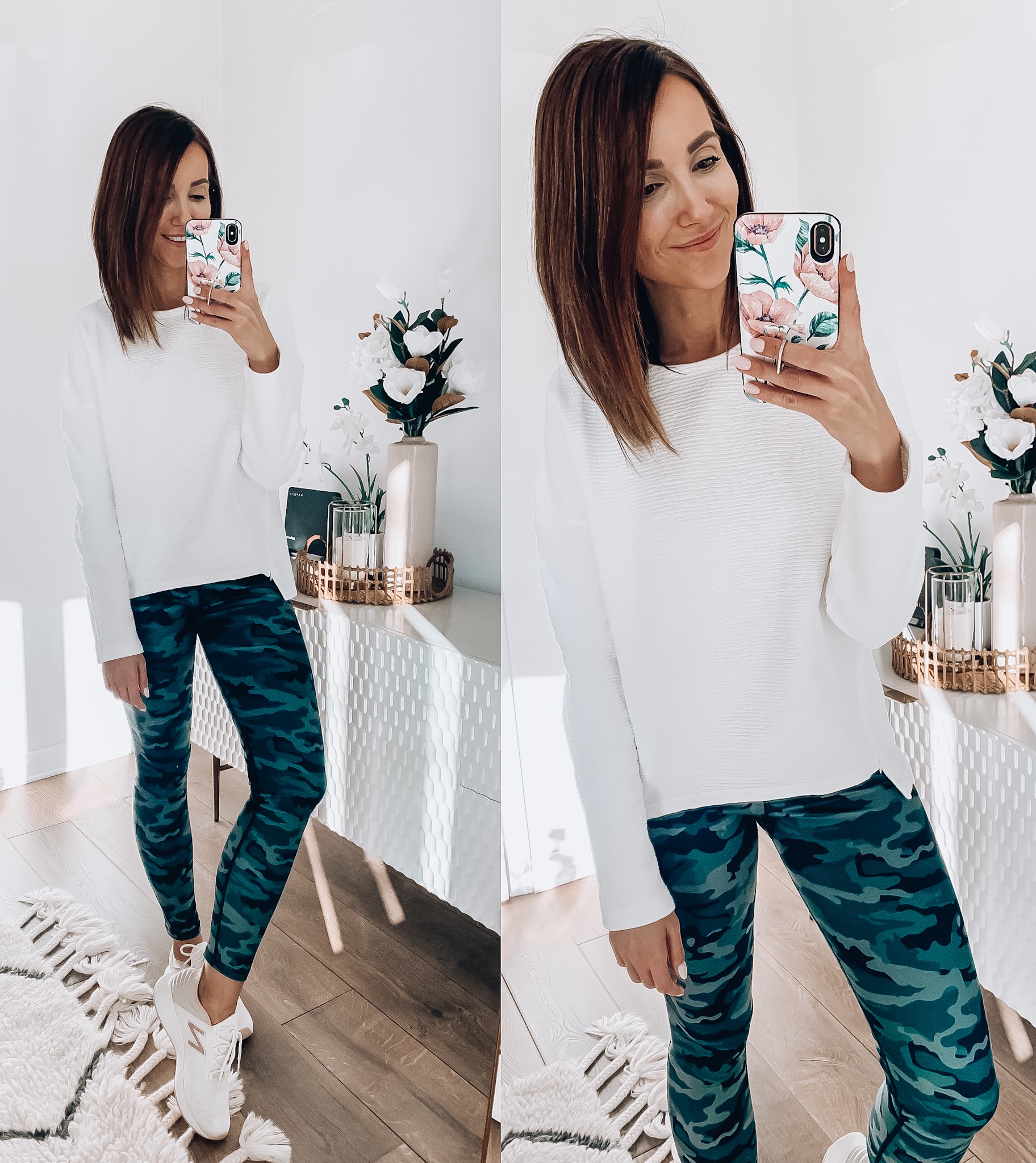 woman wearing athleisure wear, camo leggings, white sweatshirt