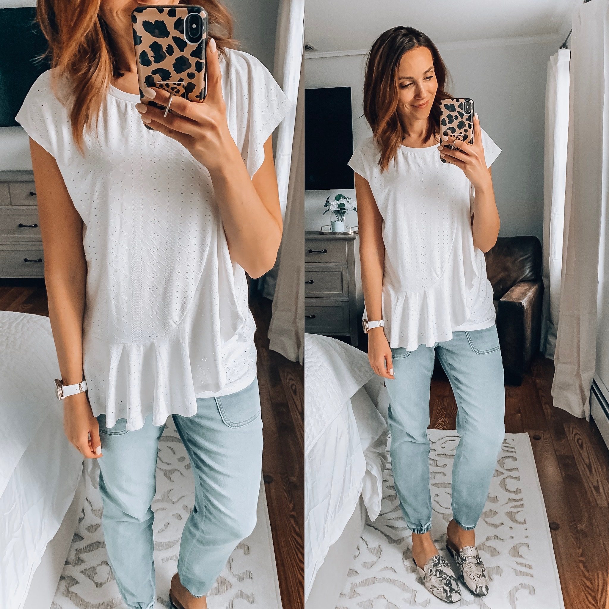woman wearing white flowy top with jean joggers, walmart style