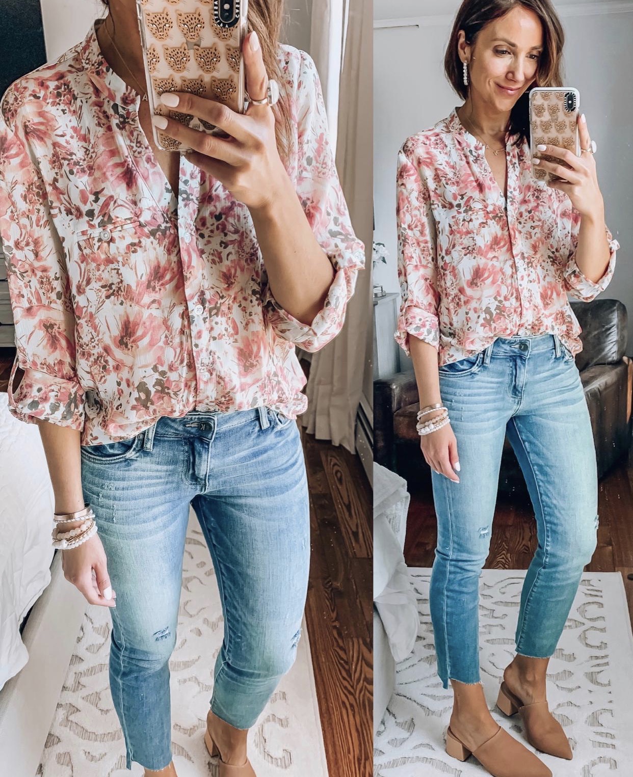 woman wearing floral top and jeans