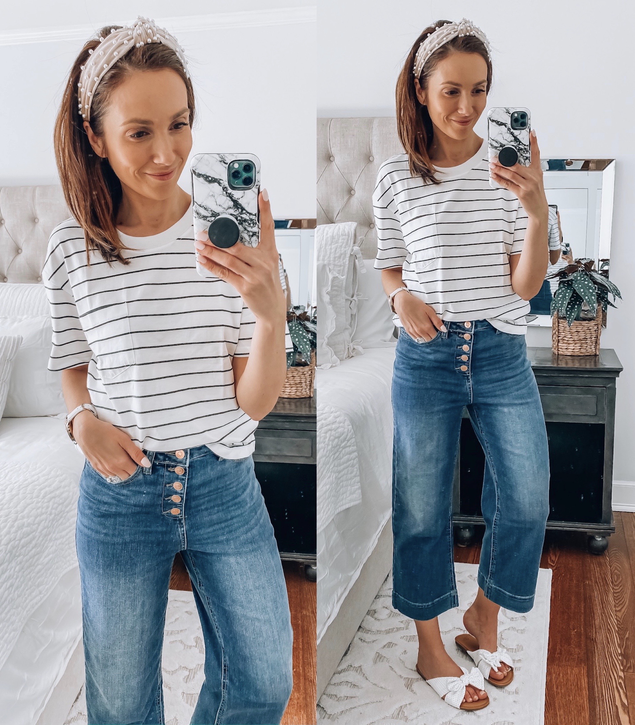 woman wearing spring fashion, affordable walmart fashion, striped tee, jeans