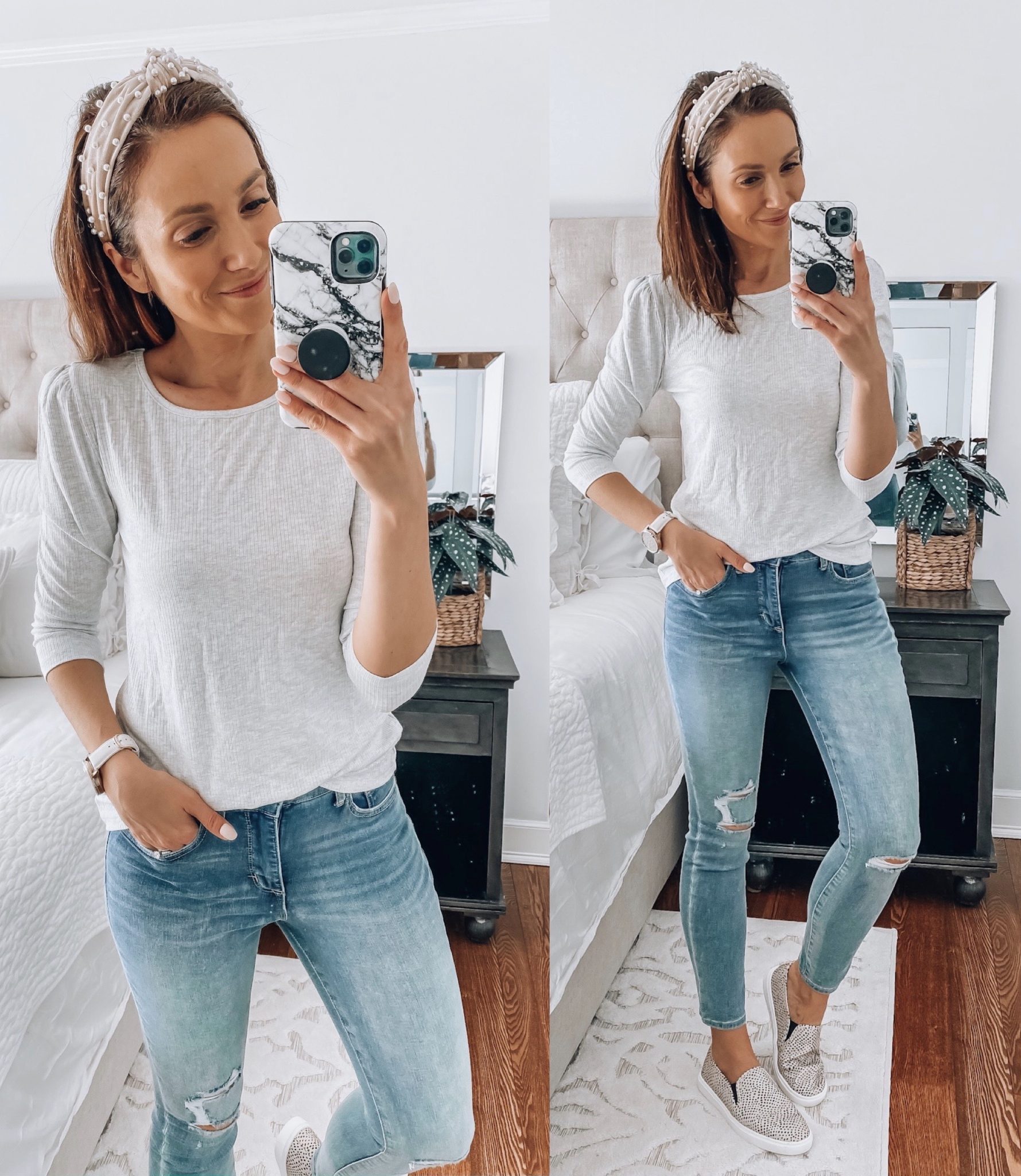 woman wearing puff sleeve top and jeans, spring outfit, walmart fashion