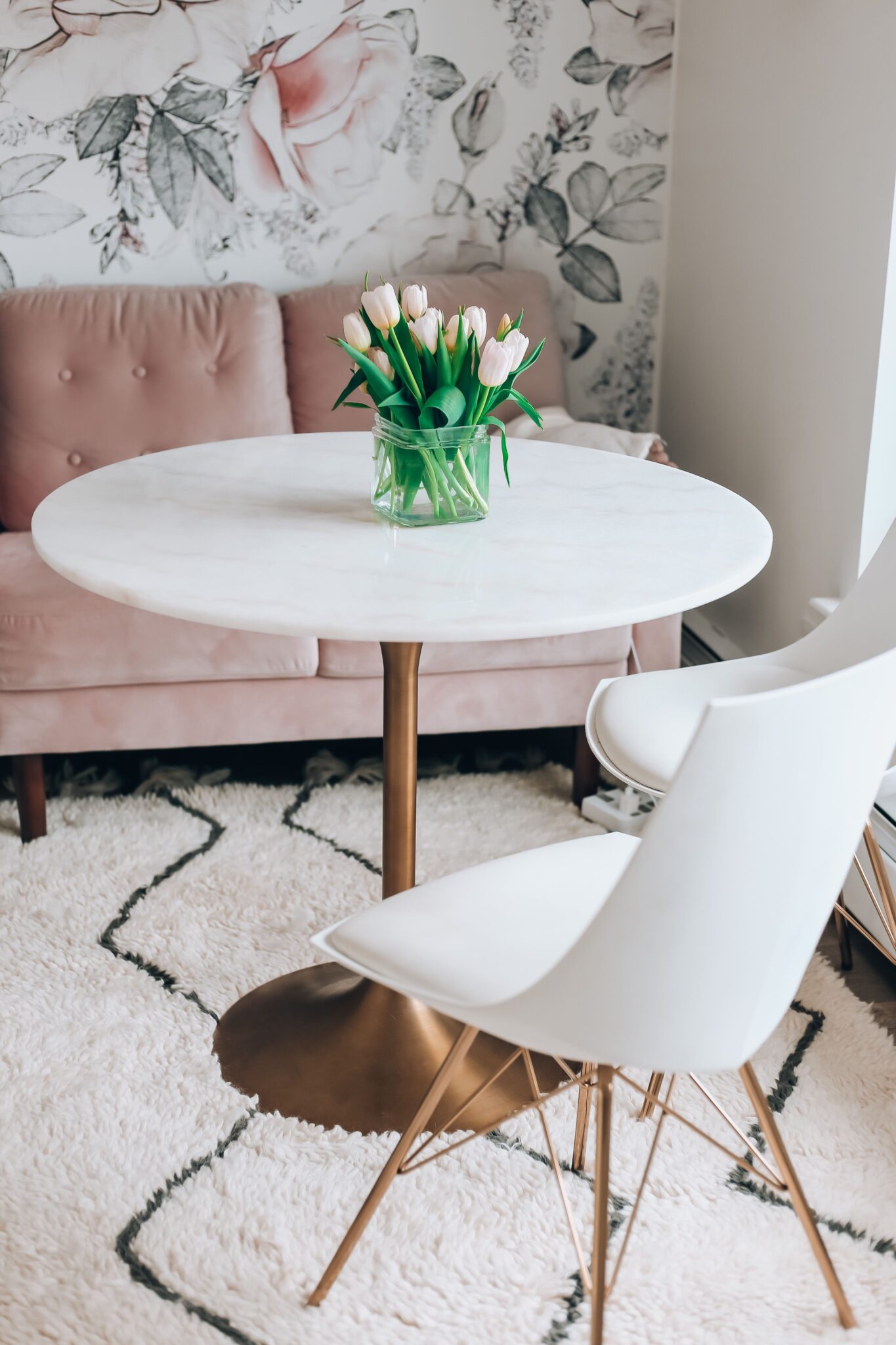 small home office design, small home office, pink theme home office, blush velvet couch