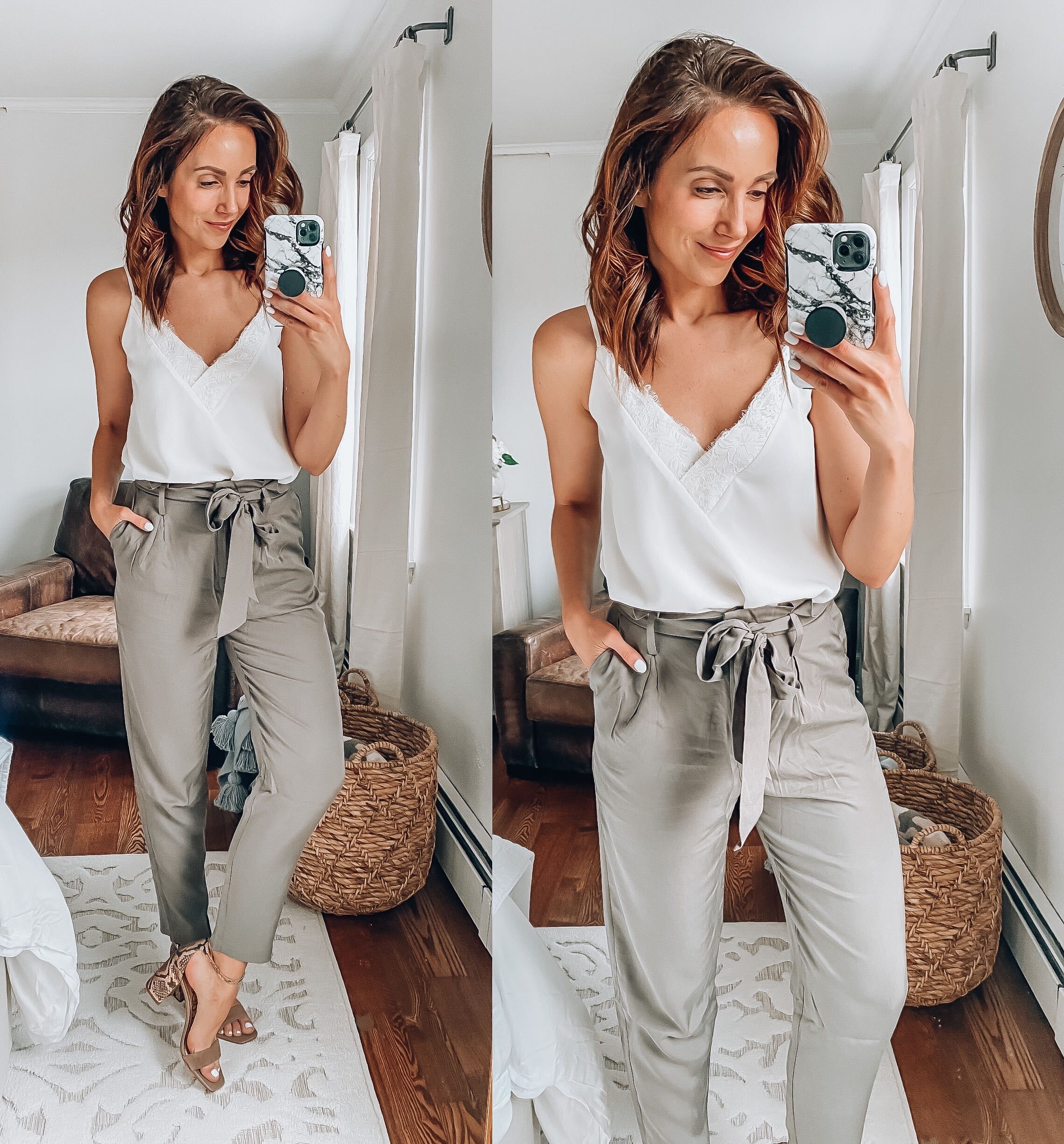 white cami and paper bag trousers 