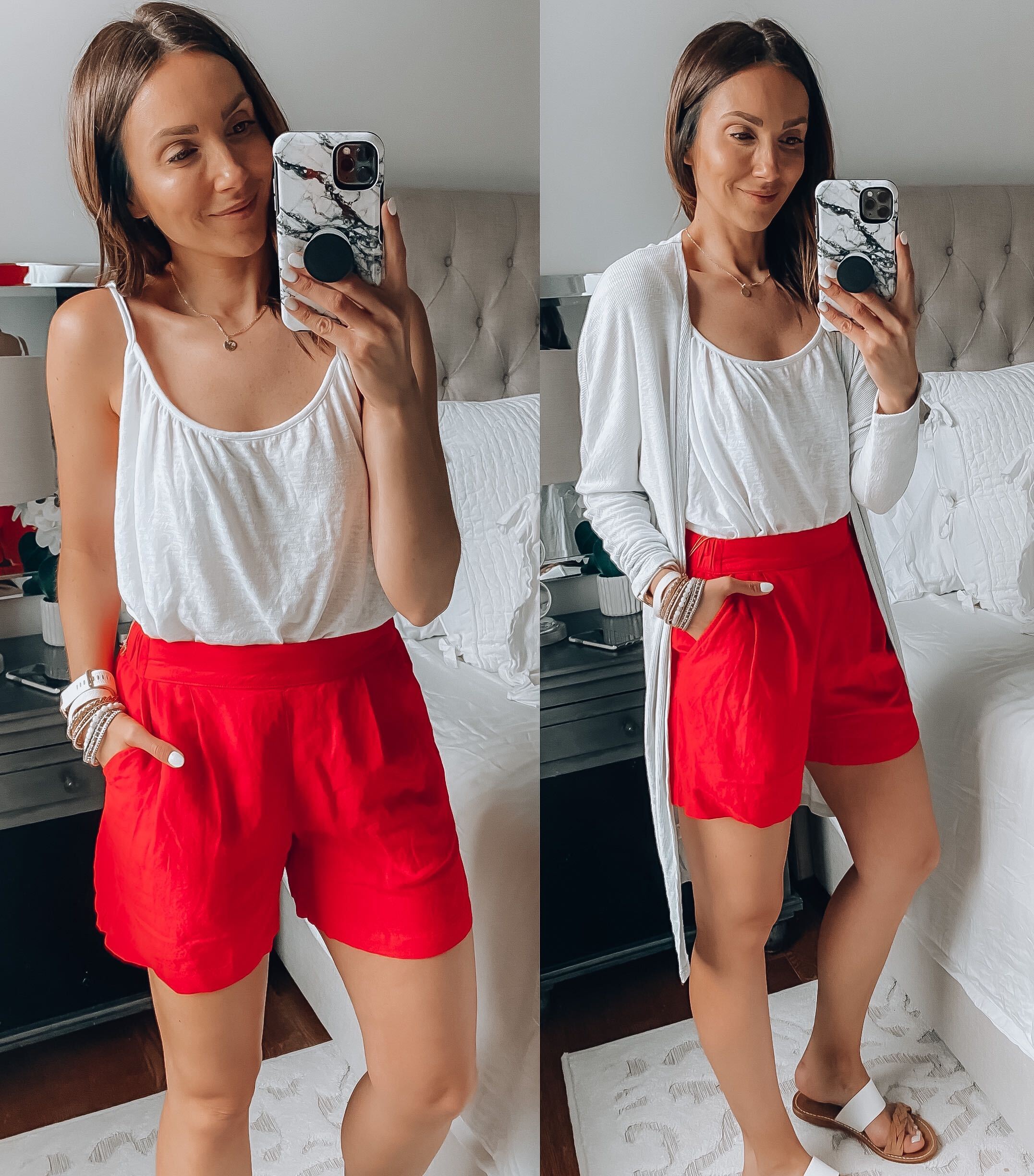 white tank, red pull on shorts