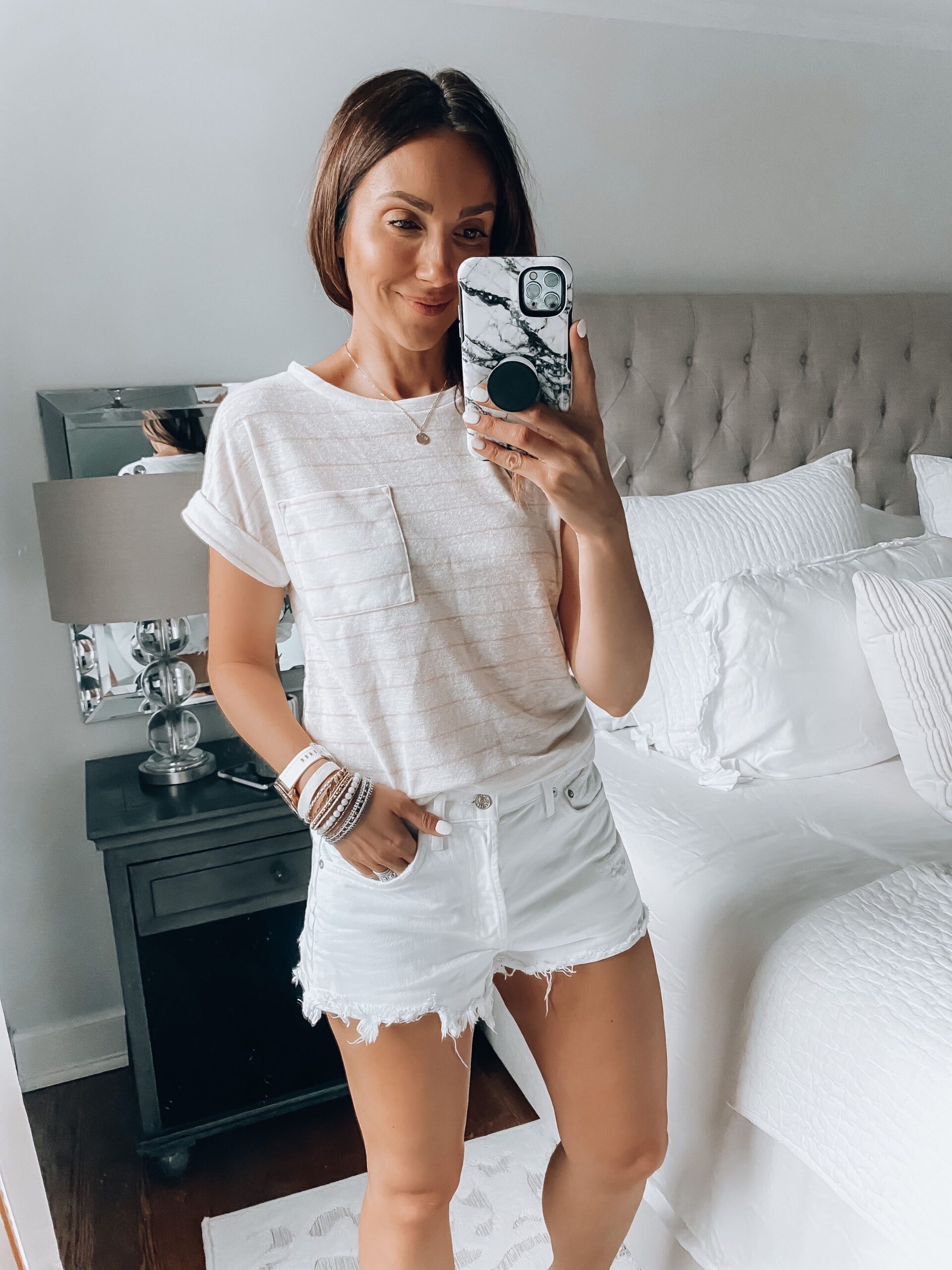 stripe tee, white shorts