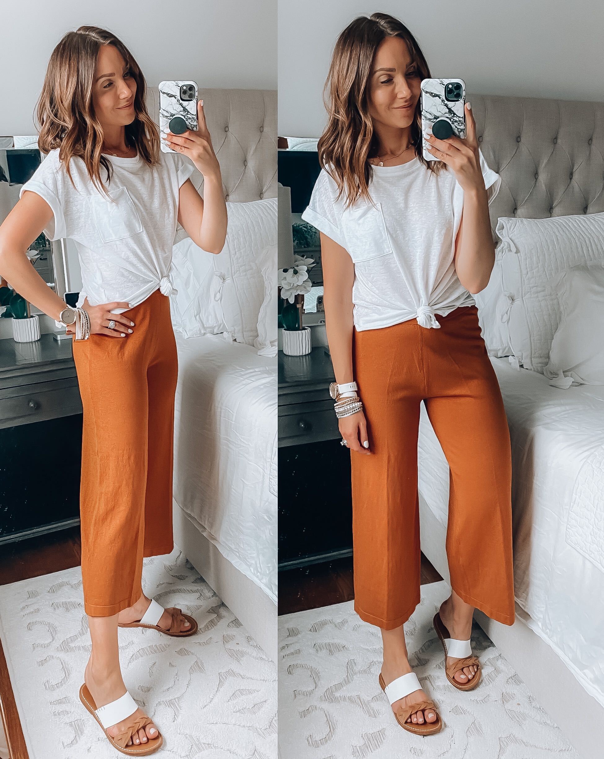 target white tee, wide leg pants