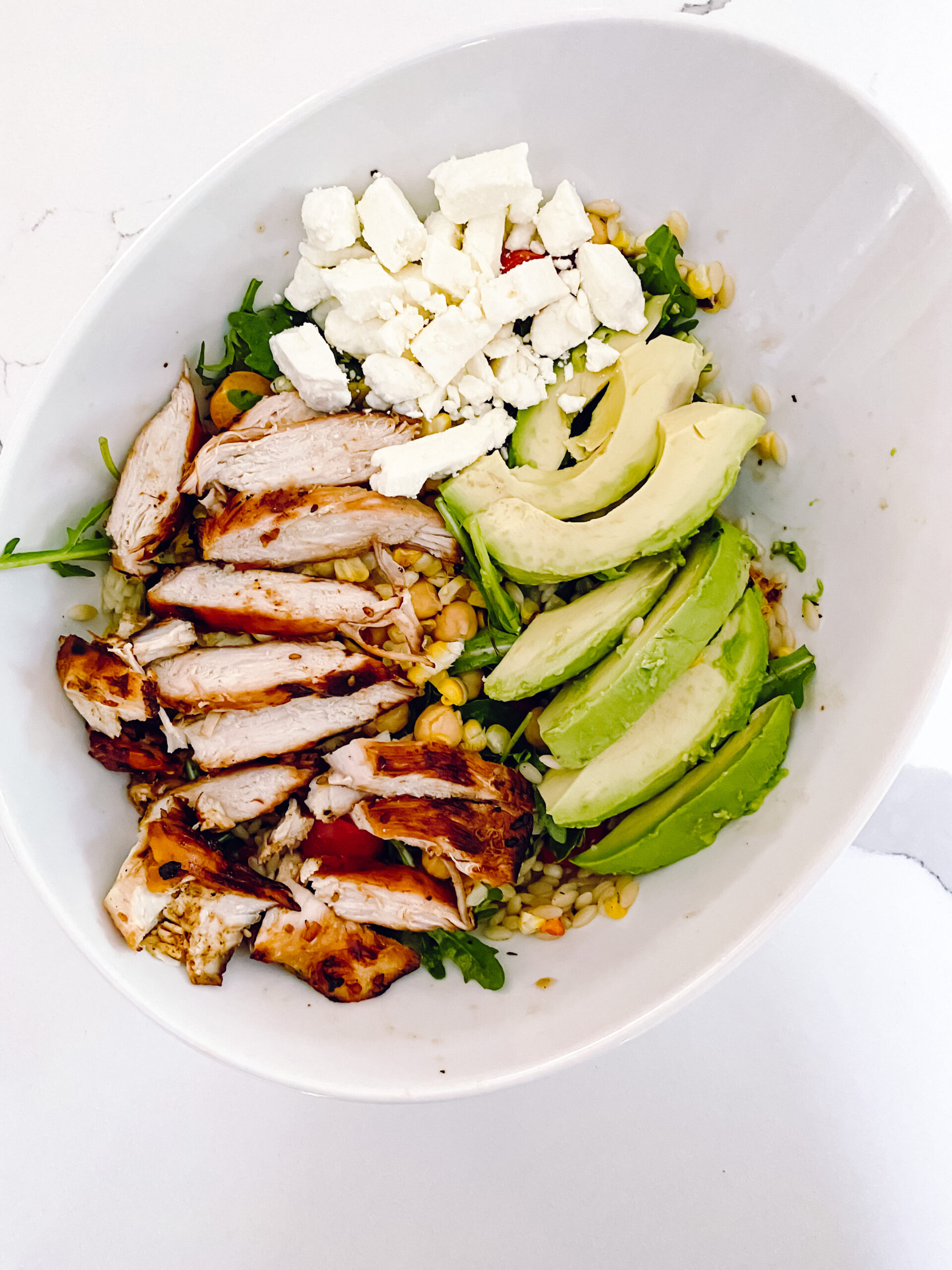 summer salad, grilled chicken salad , orzo salad