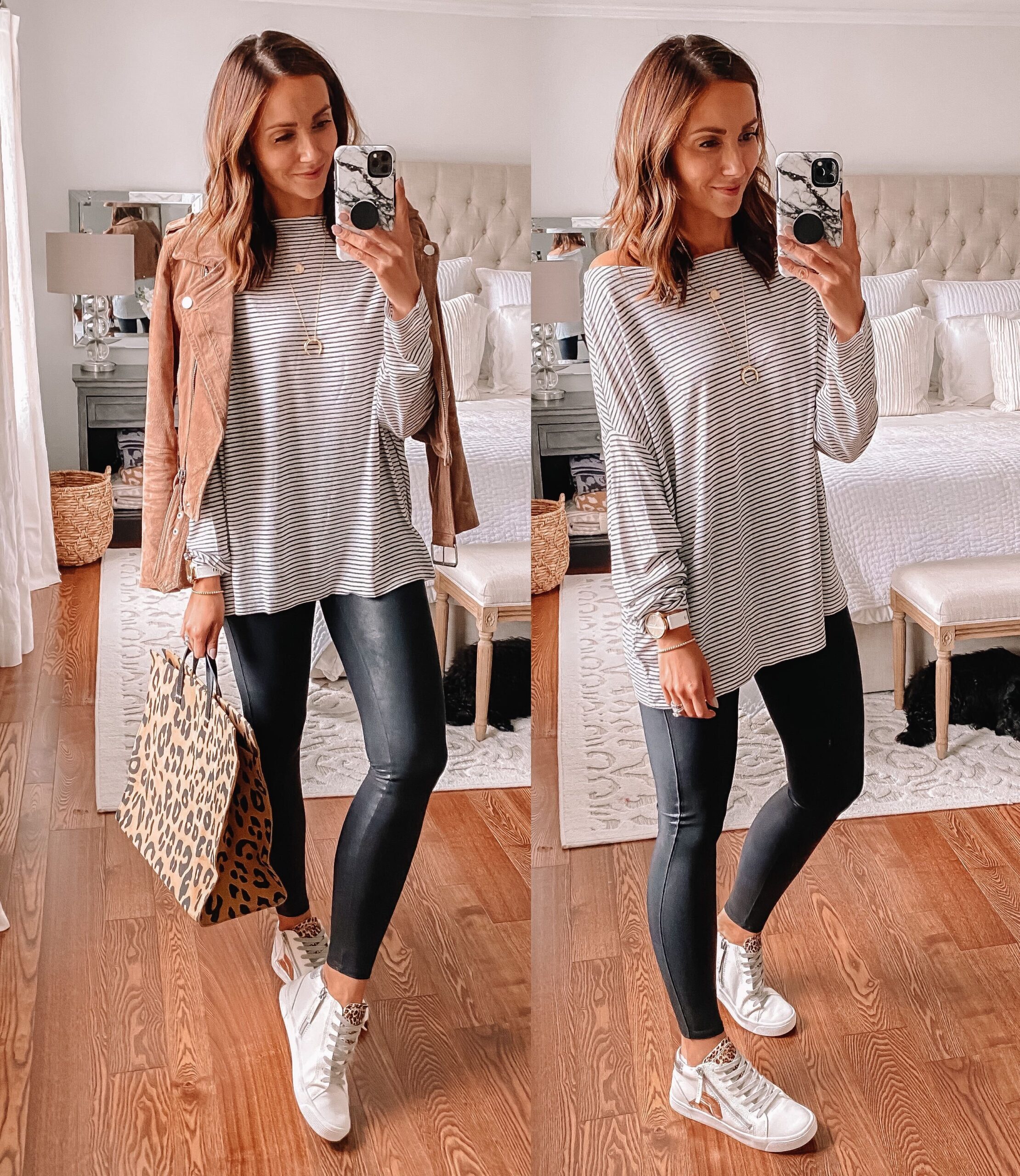 stripe tee, outfit idea with leggings
