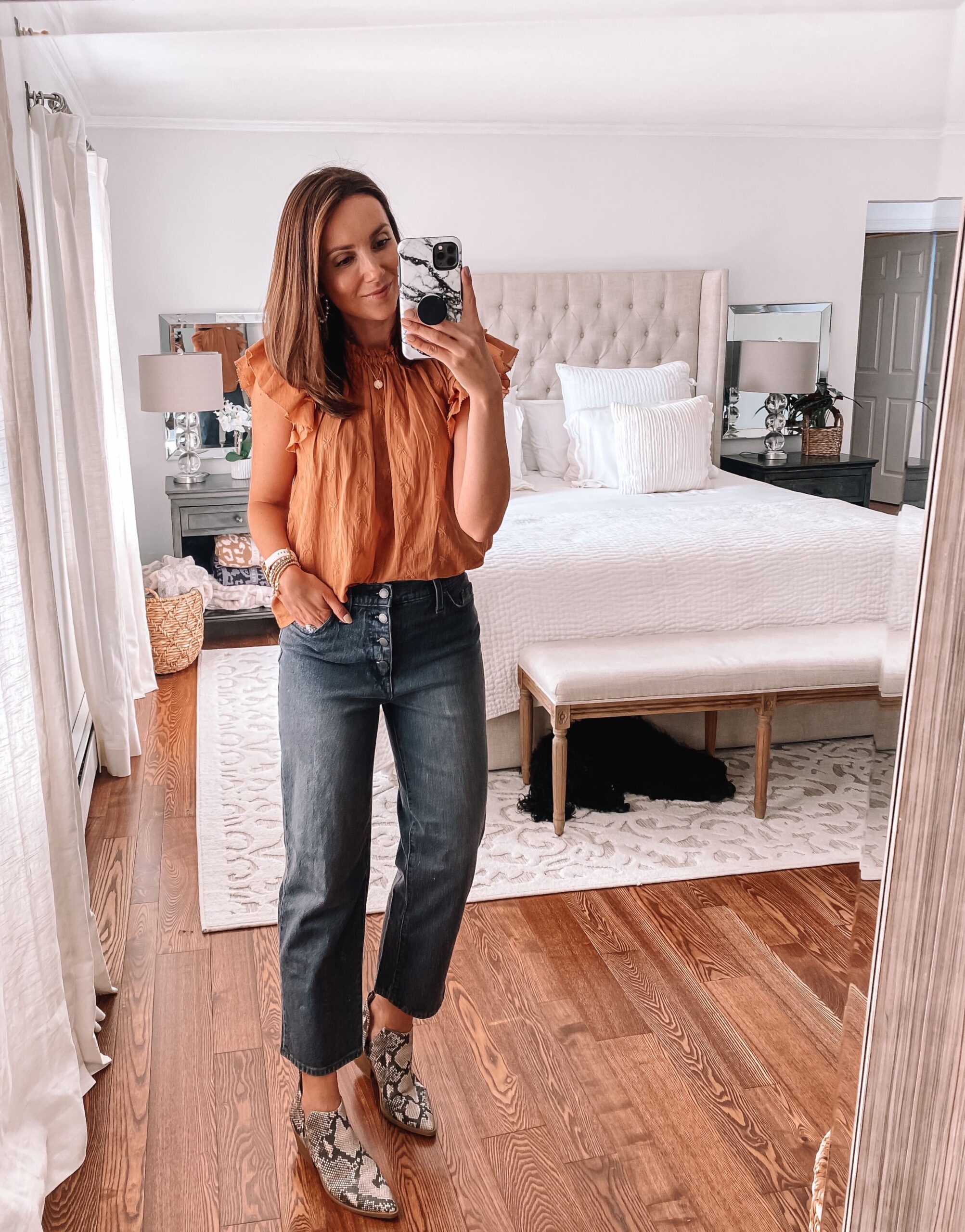 target finds, target blouse, button fly jeans, snakeskin booties