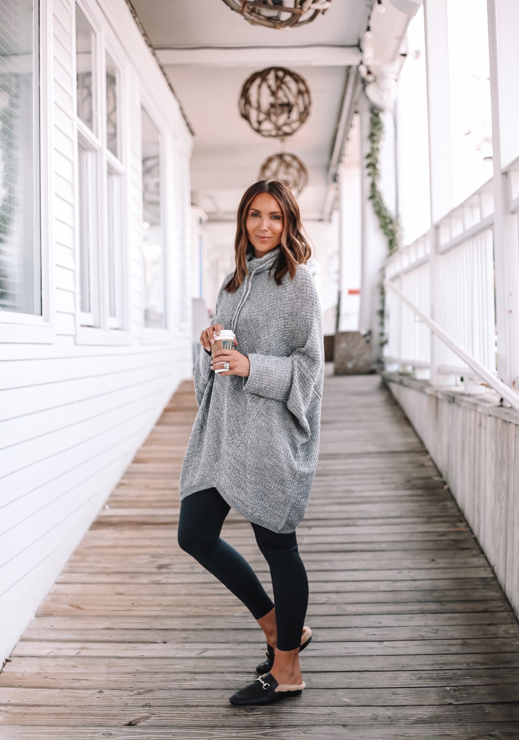 Walmart poncho with leggings and mules, fall outfit idea