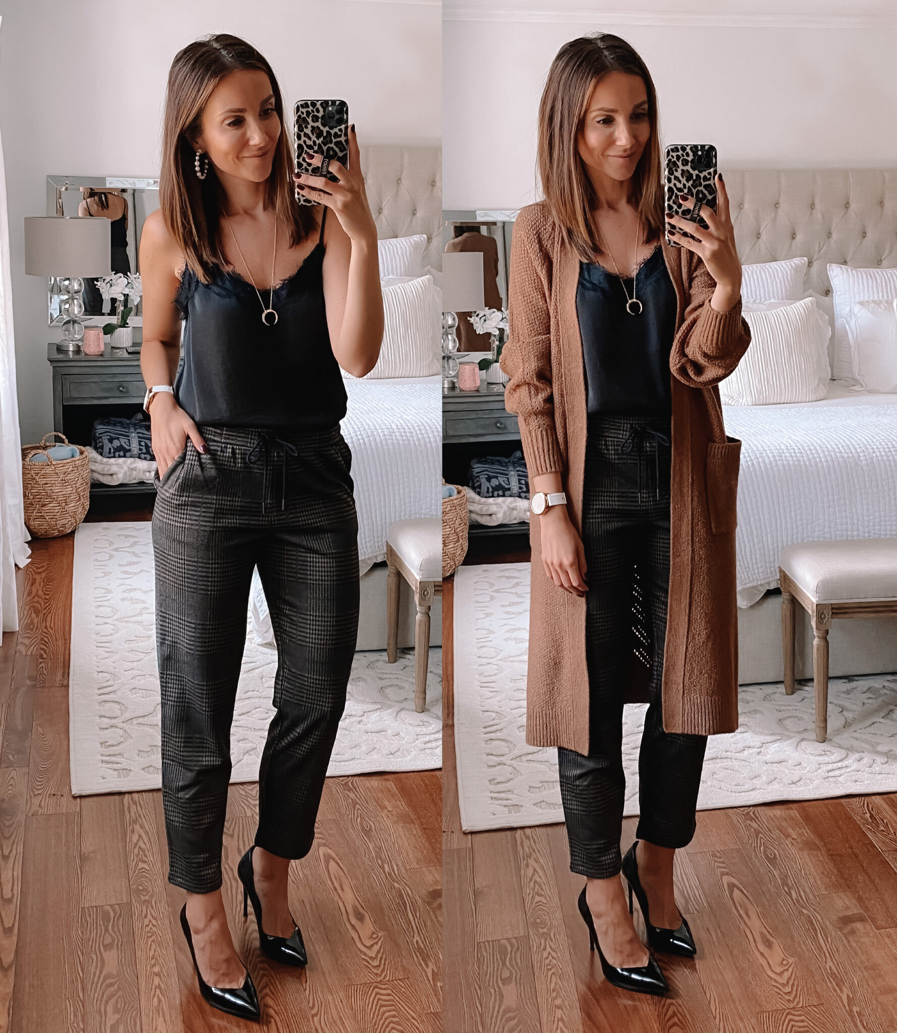 Paperbag style pants with duster cardigan, fall workwear outfit