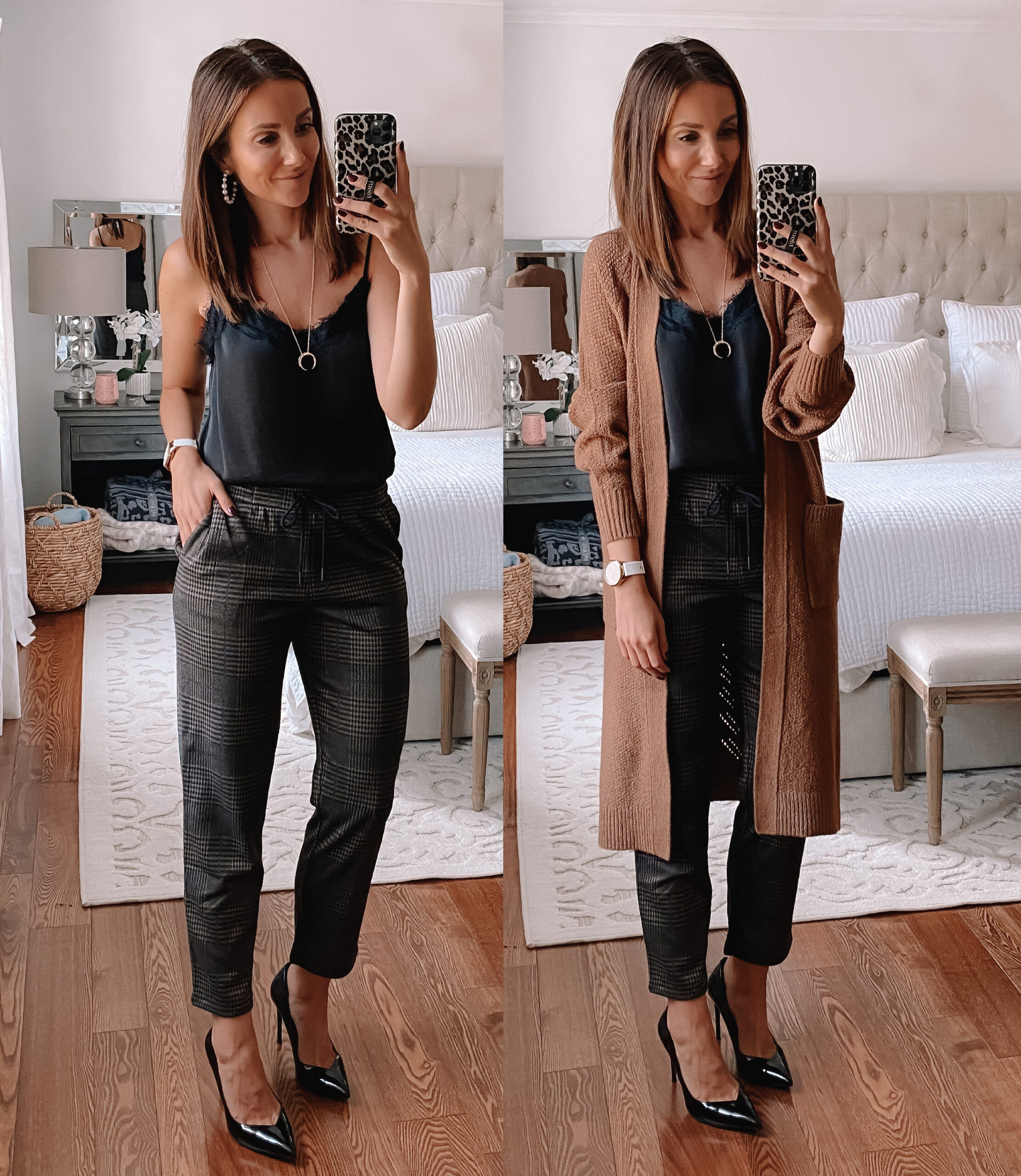 Paperbag style pants with duster cardigan, fall workwear outfit
