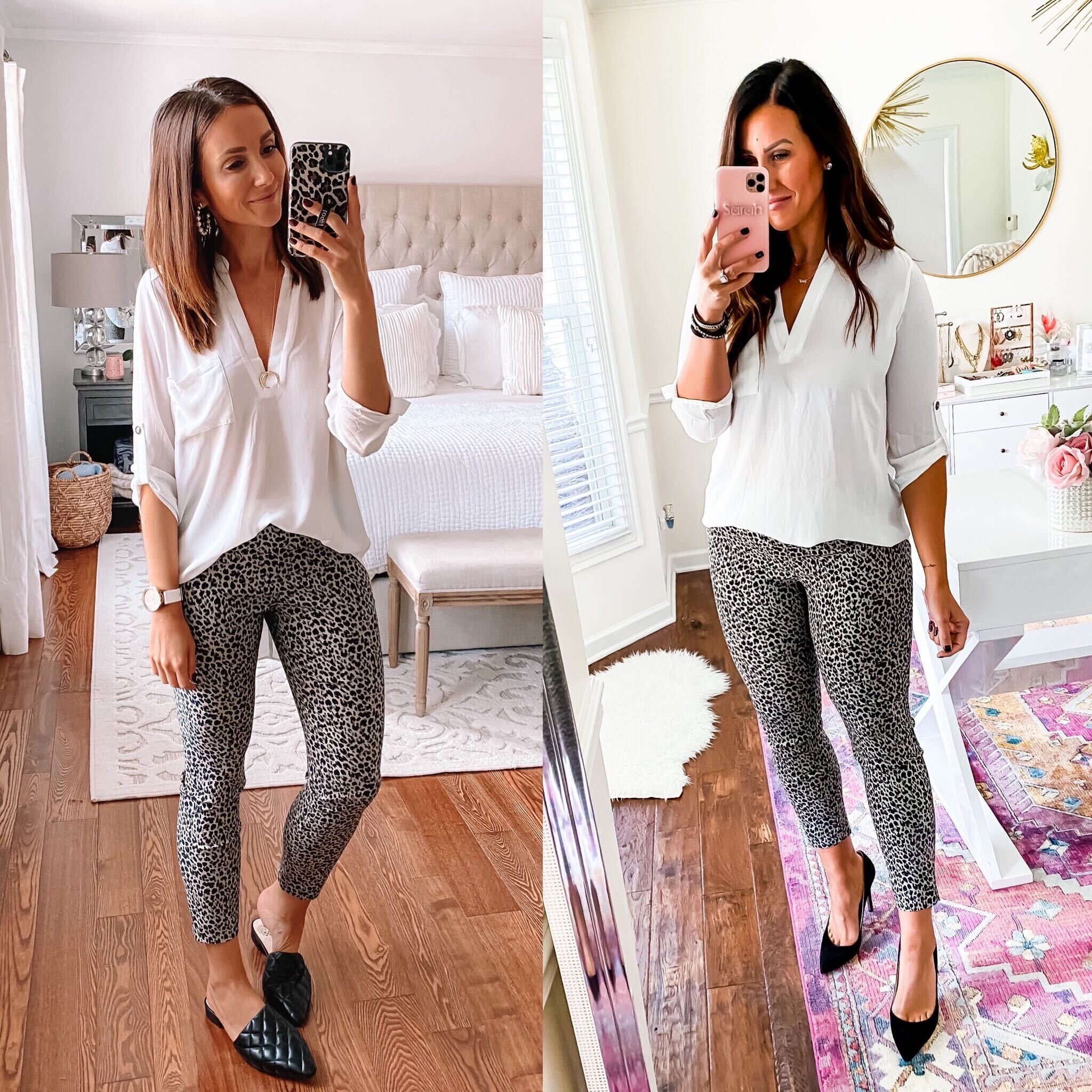 Workwear outfit two different body types, leopard pants