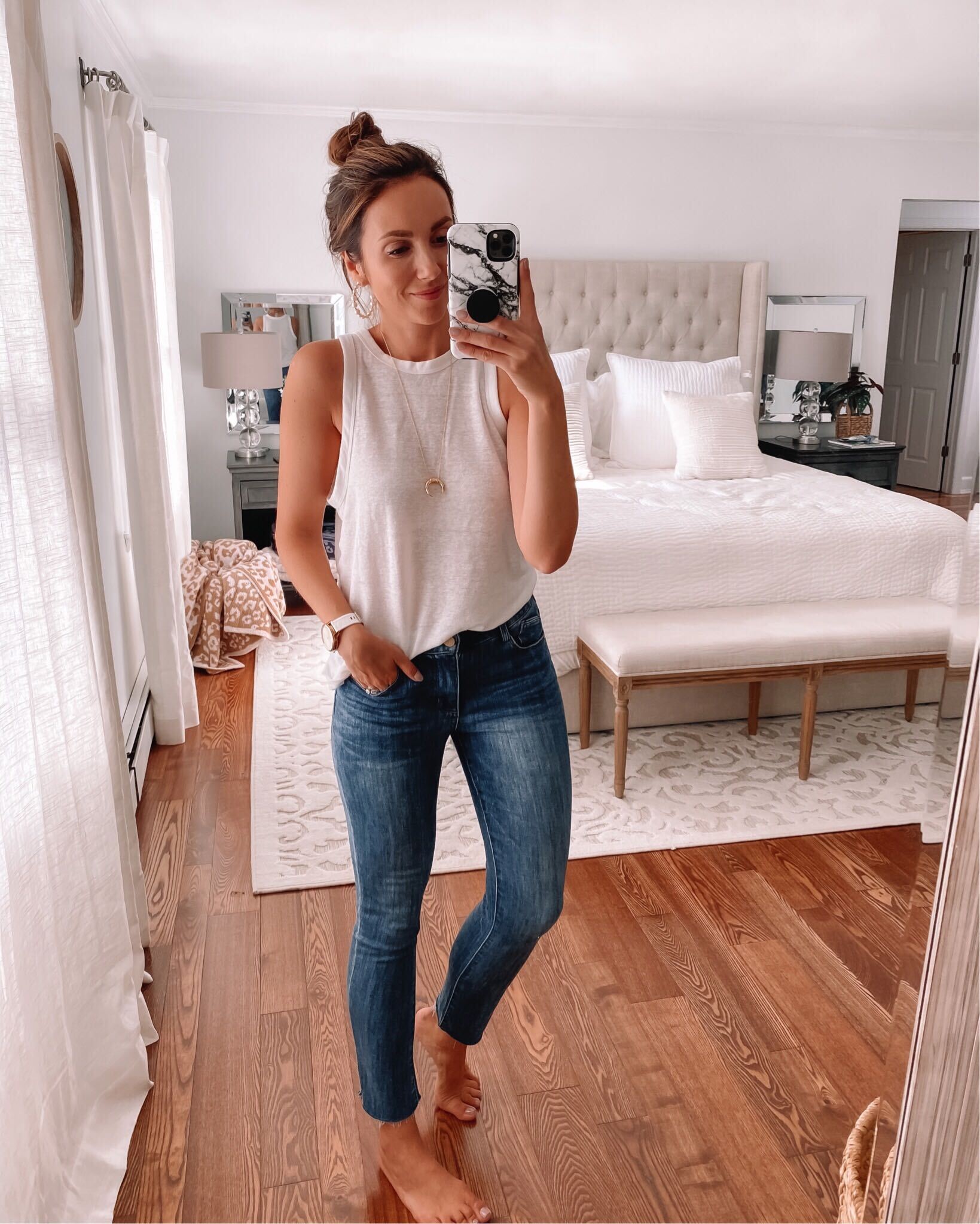 white tank and jeans, casual outfit style