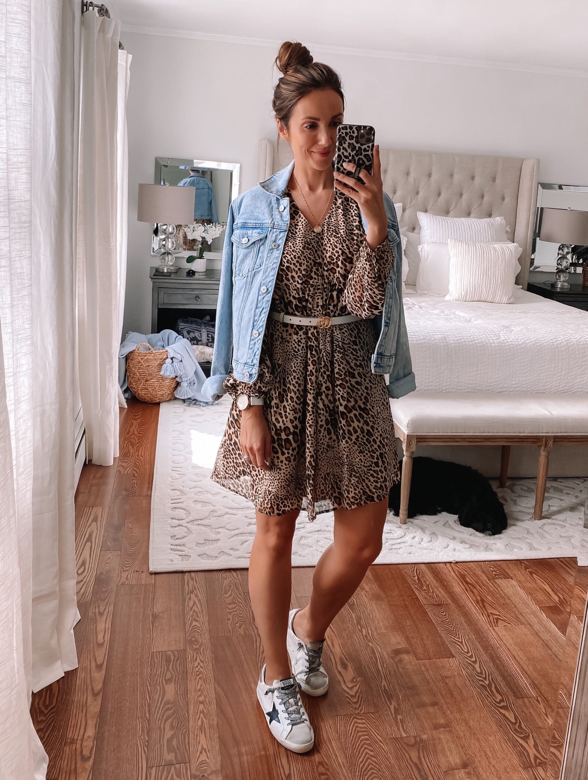 leopard dress styled athleisure, fall outfit idea