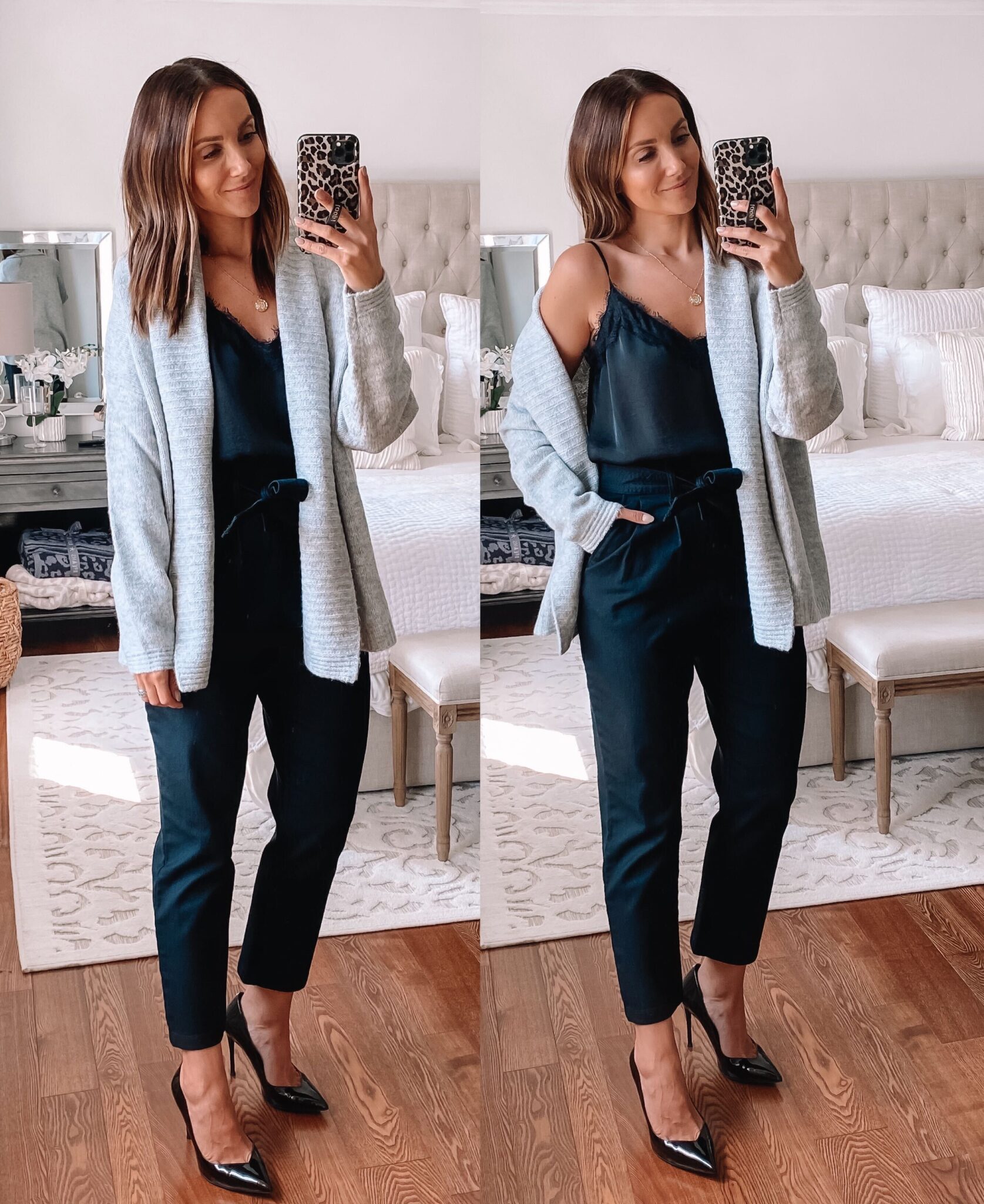 Target workwear style with cardigan and lace trim cami