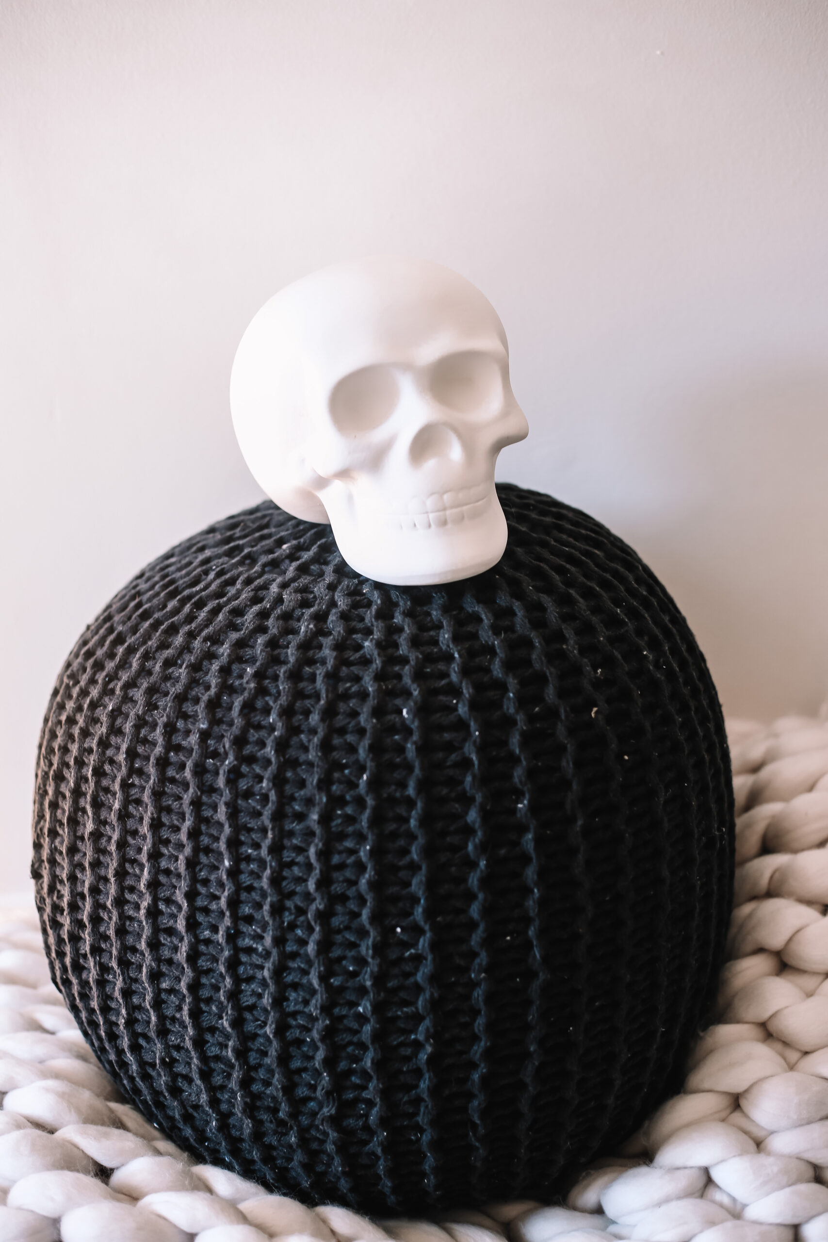 knit pouff, skull, halloween decor