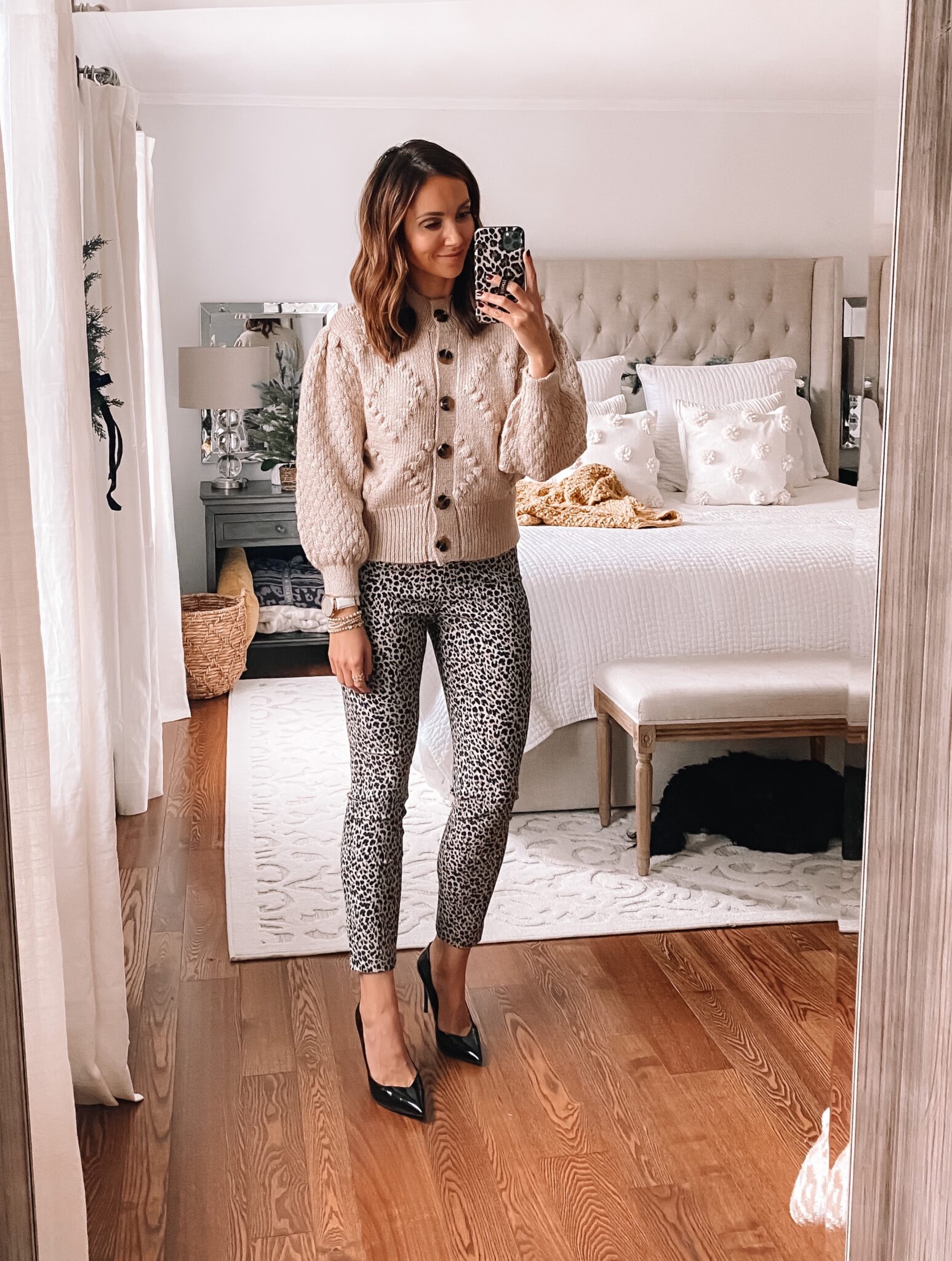 target style, workwear, leopard pants with cardigan
