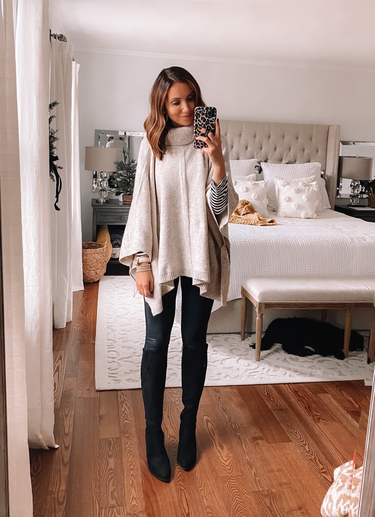 sweater poncho with faux leather leggings