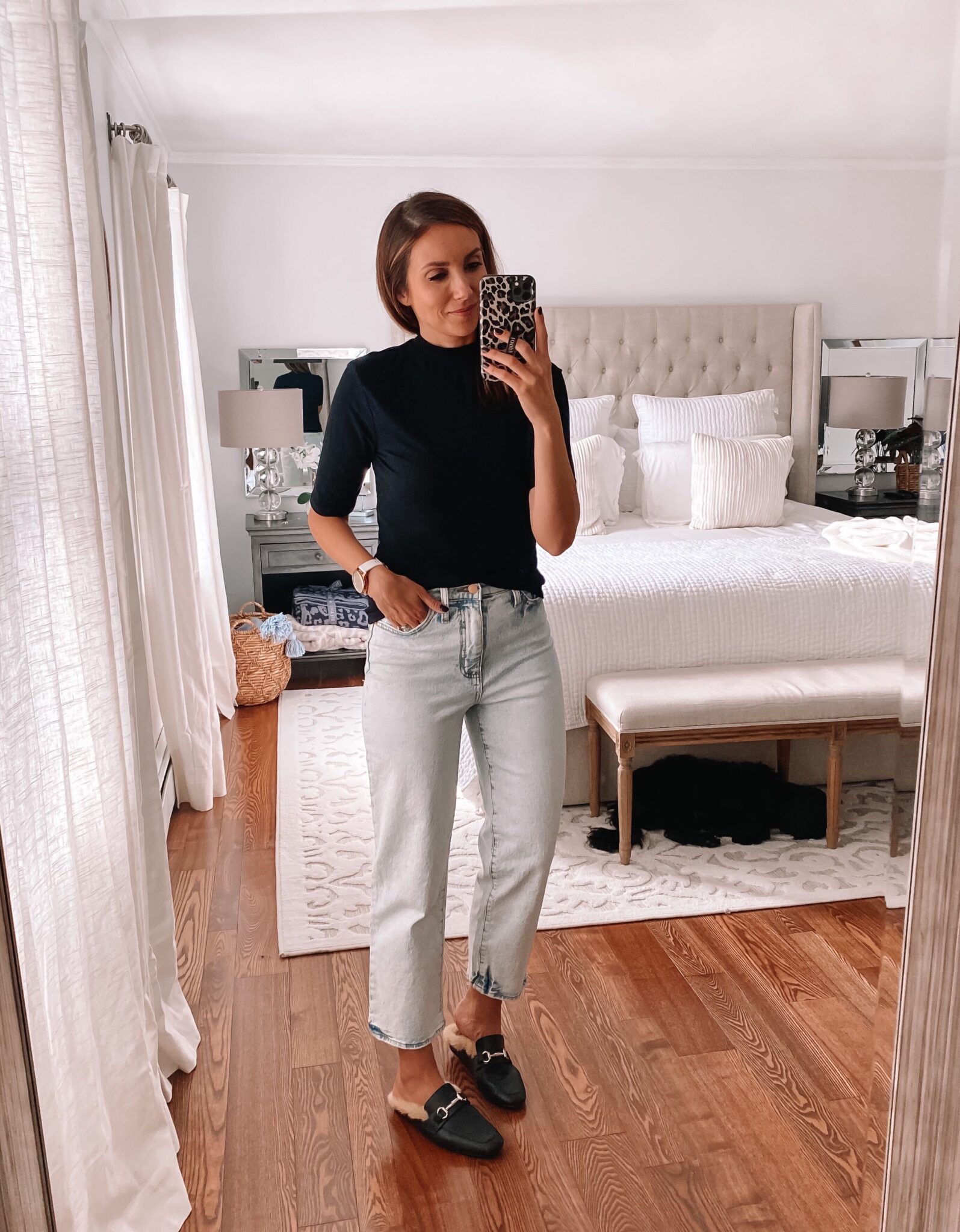 target mock neck tee, jeans
