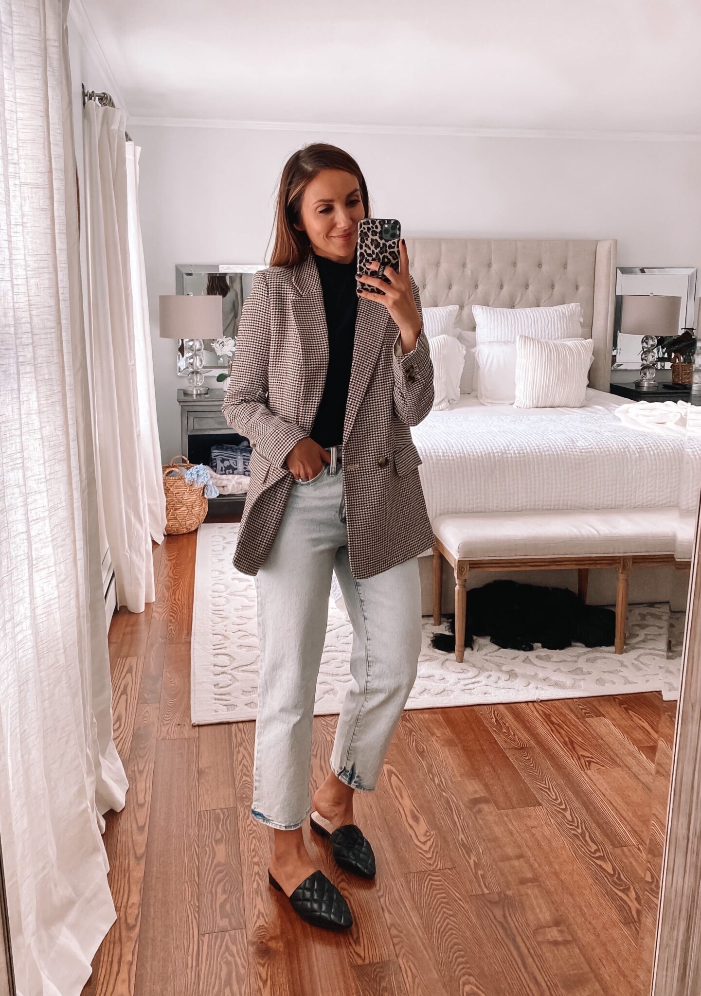 Plaid blazer with jeans and mules