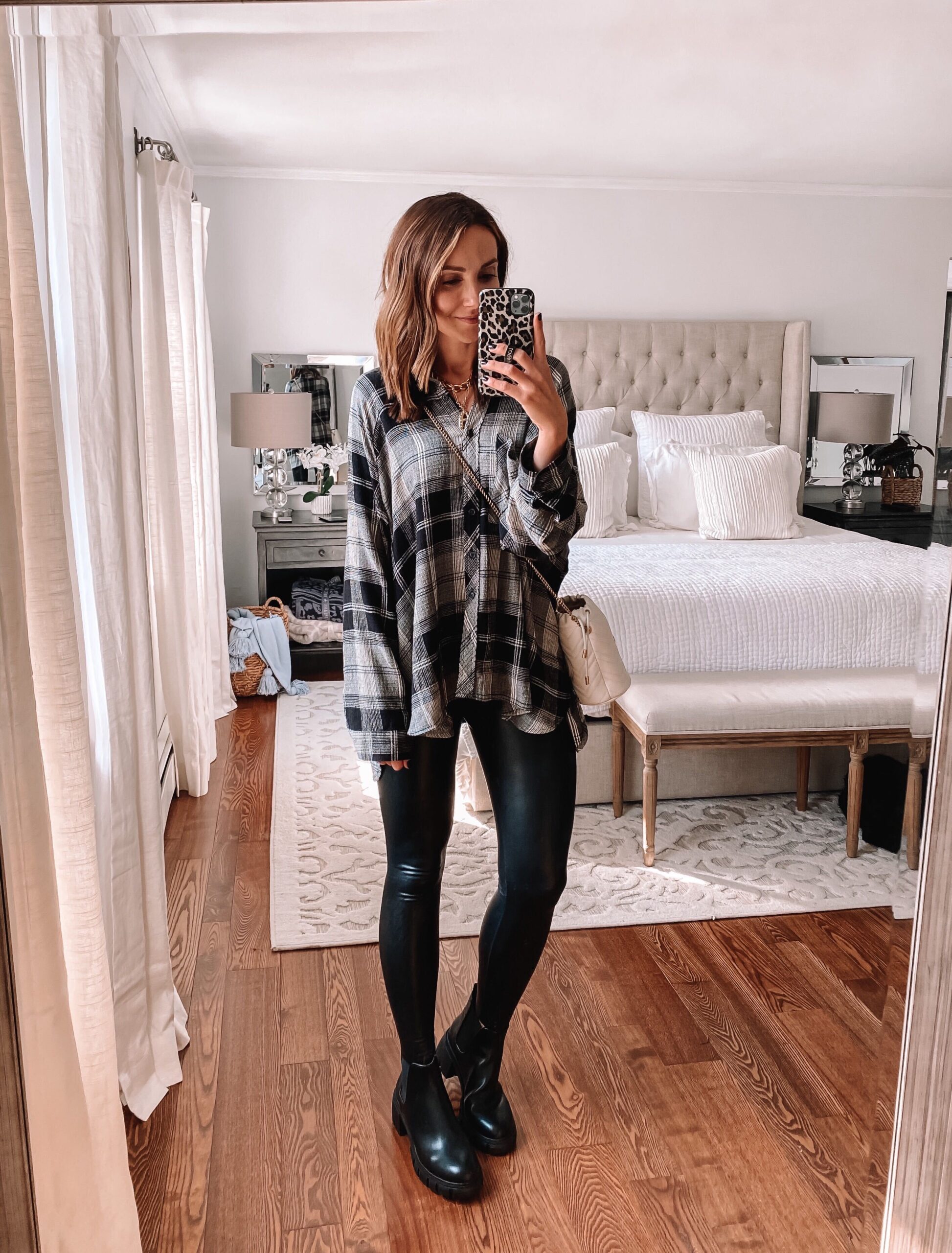 flannel with faux leather leggings, fall outfit idea with leggings