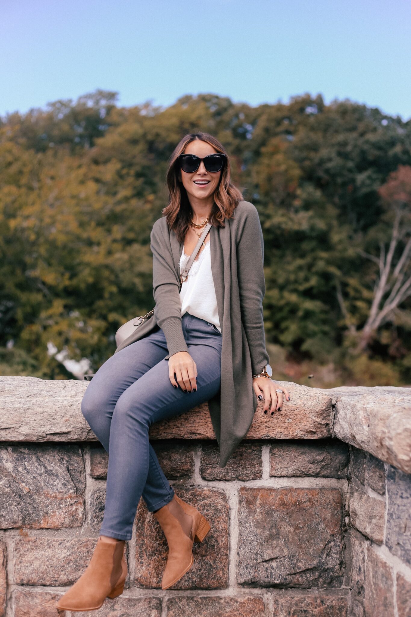 fall outfit idea, long cardigan, booties