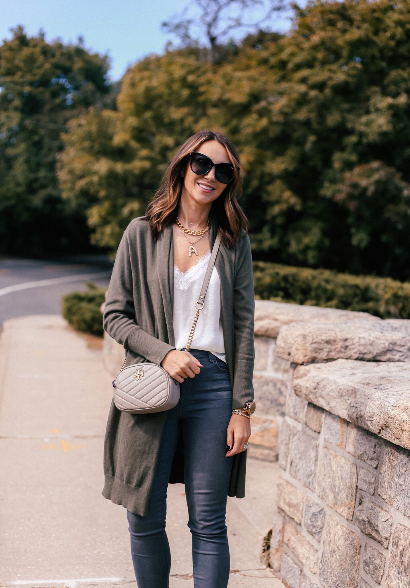 fall outfit, cardigan, jeans, lace trim cami