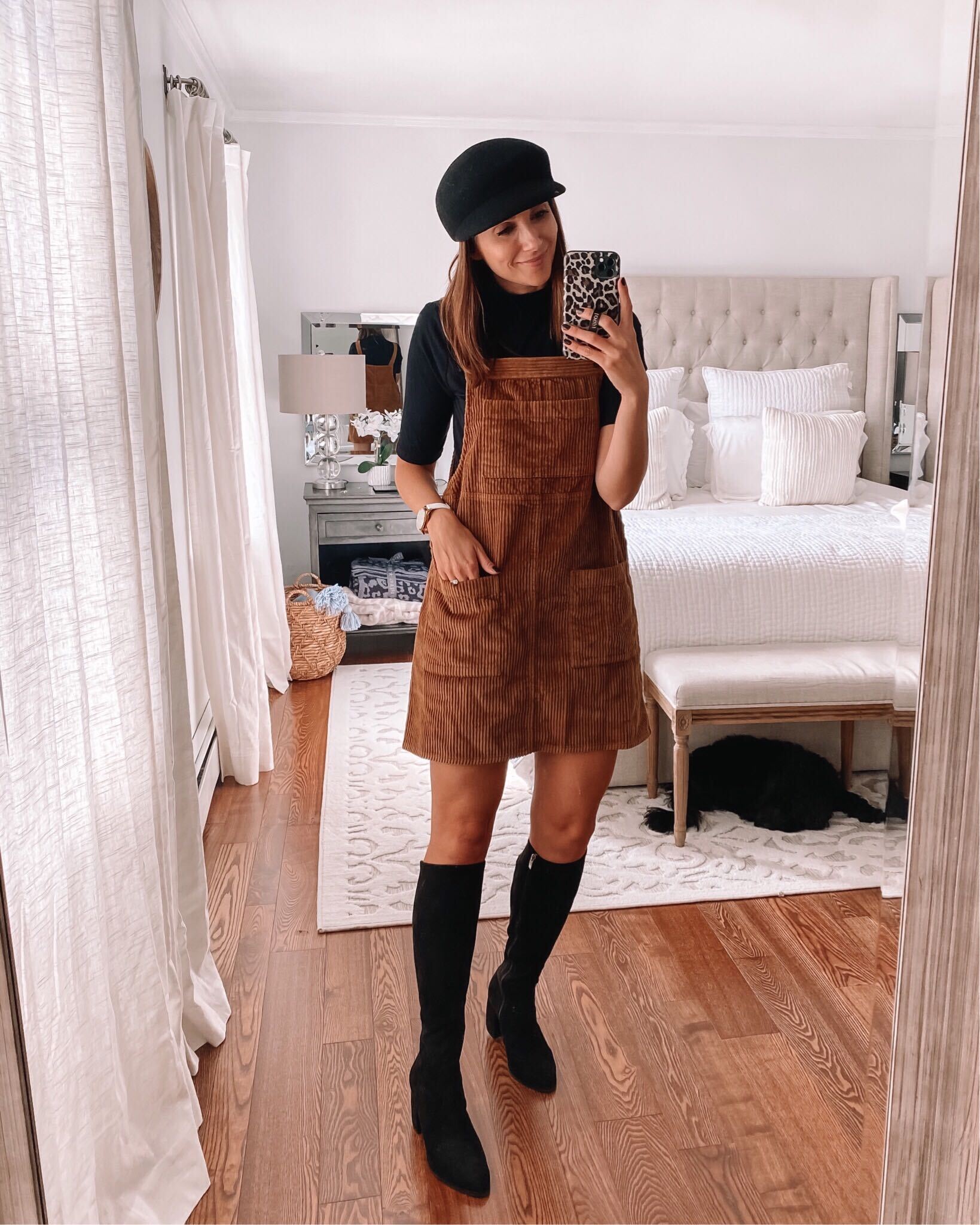 fall outfits, pinafore, knee high boots