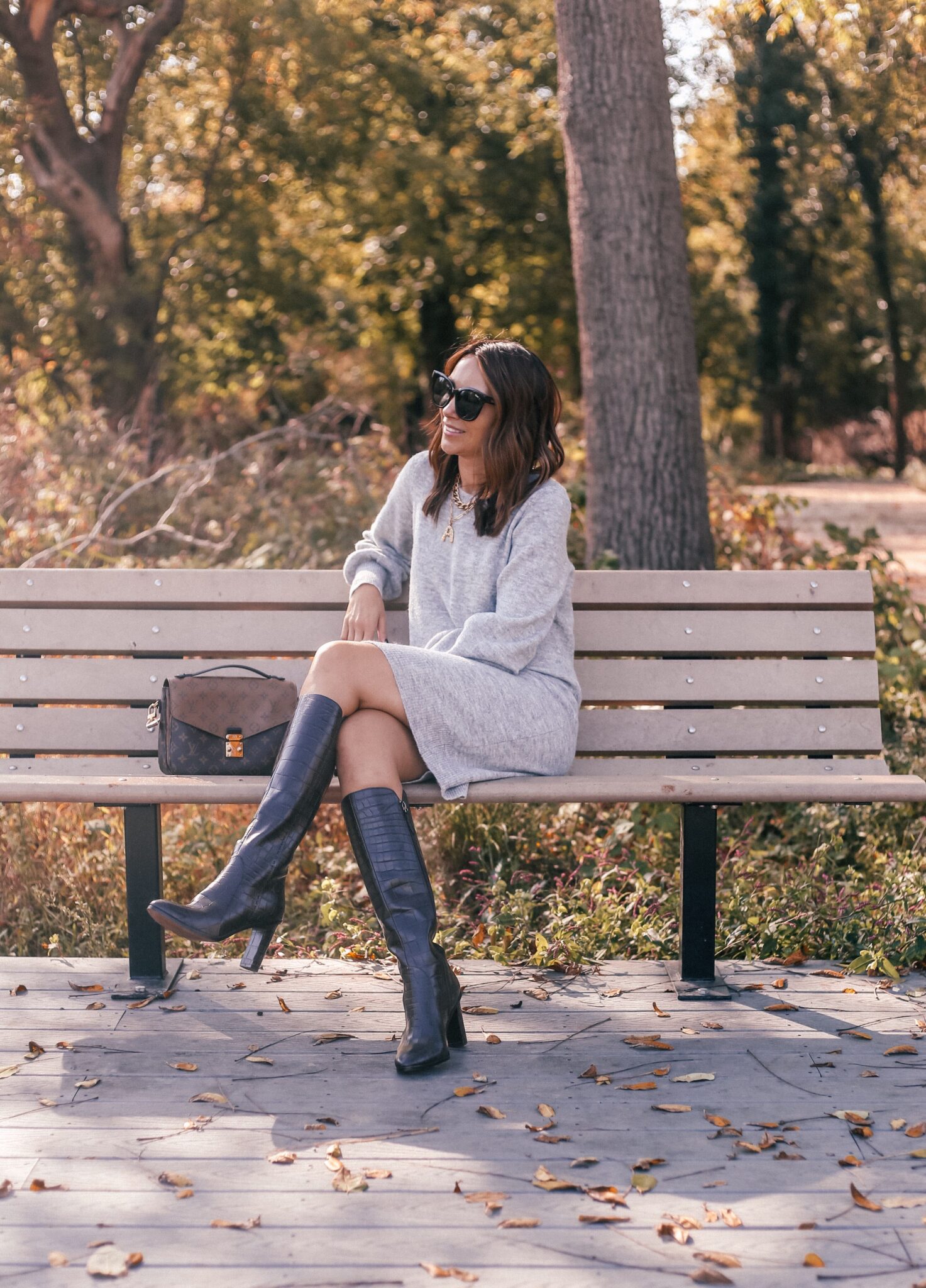sweater dress, fall outfit ideas, knee high boots
