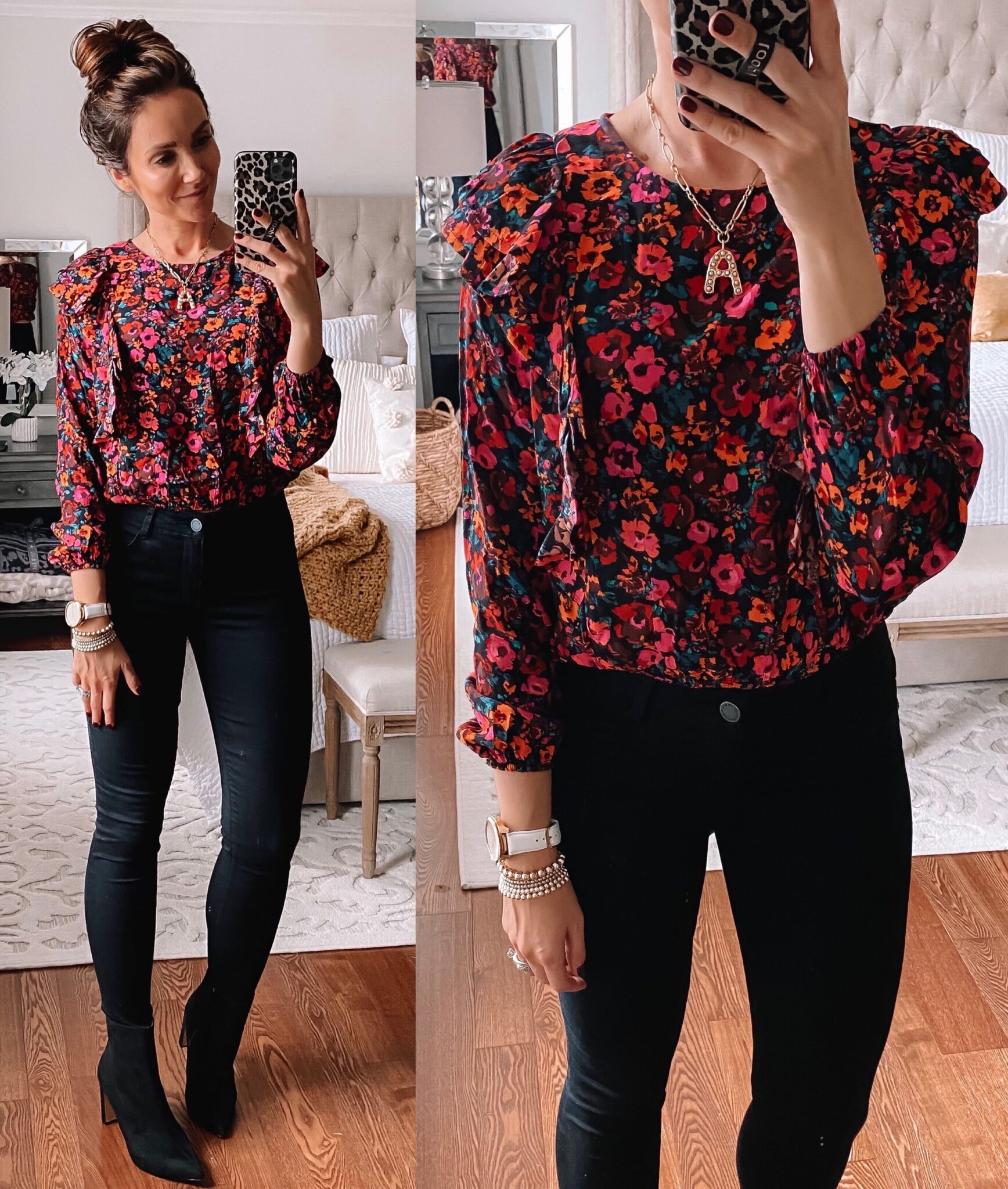 target style, target floral blouse with black jeans