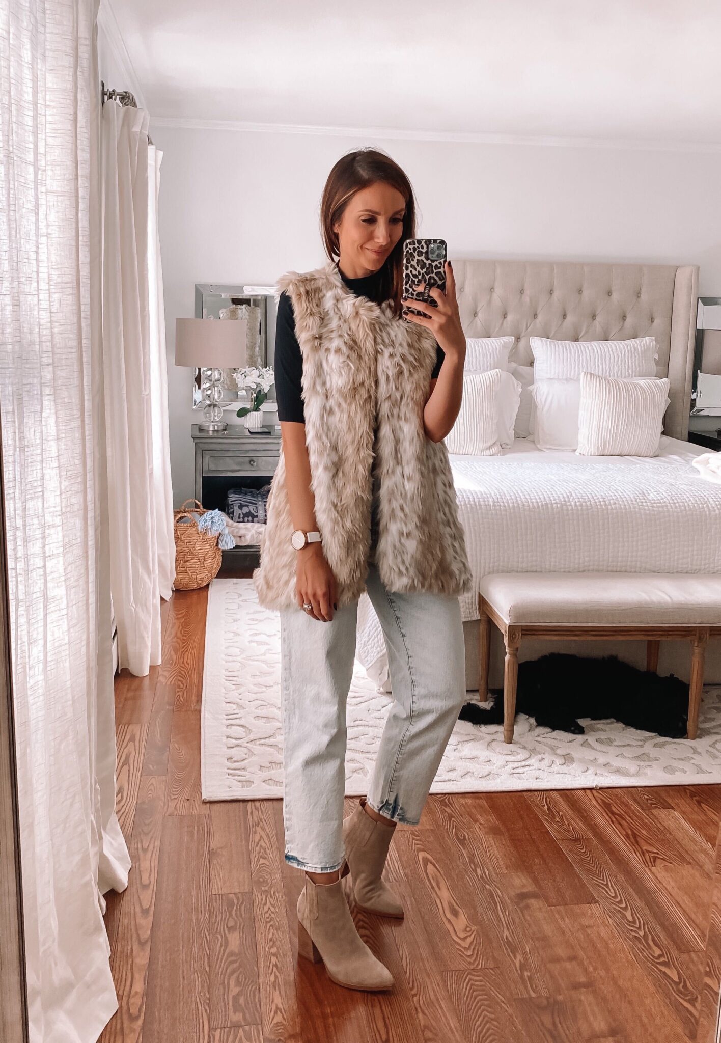 walmart faux fur vest, fall outfit idea, target jean