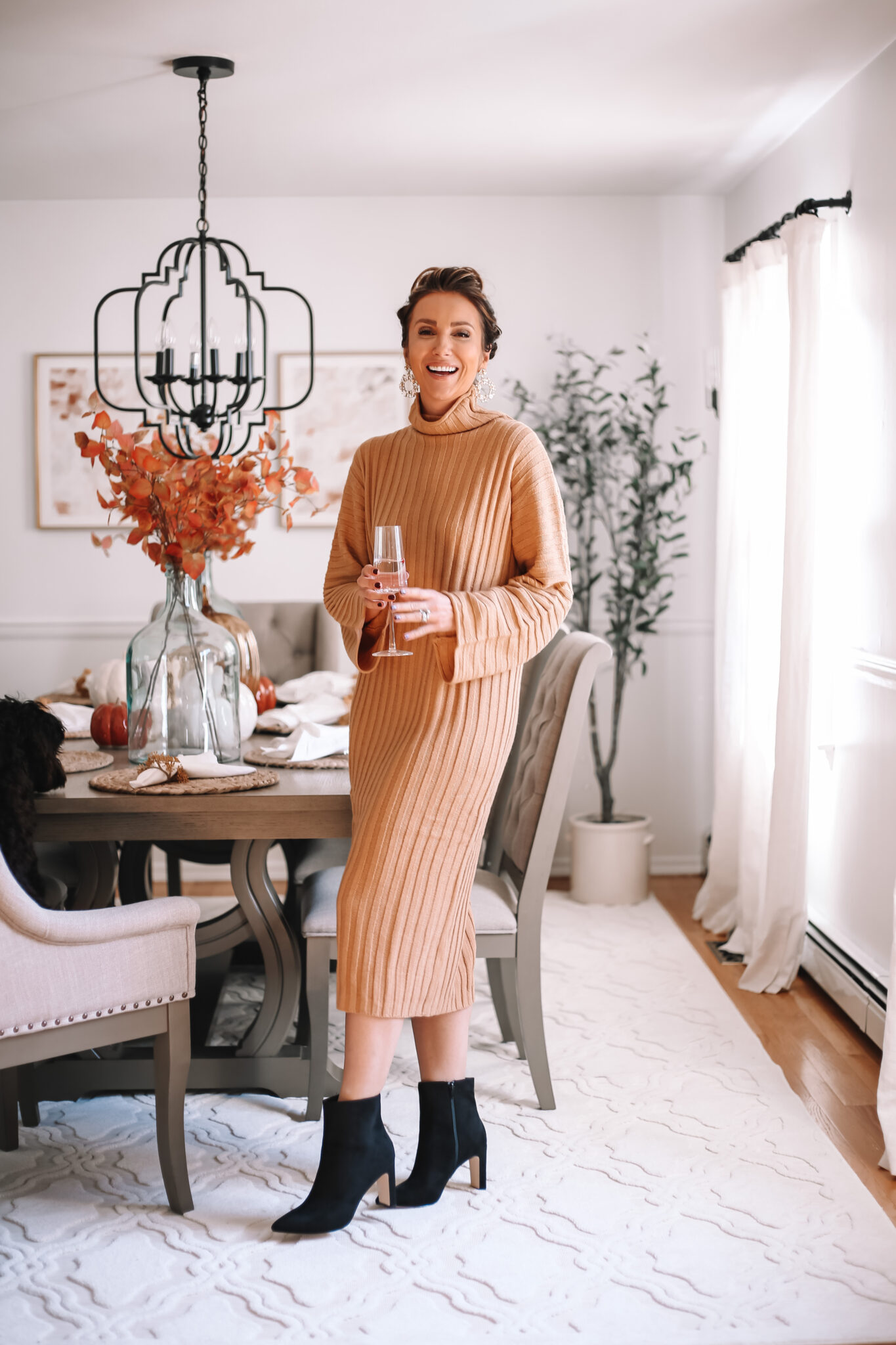 sweater dress, fall outfit idea, thanksgiving outfit idea