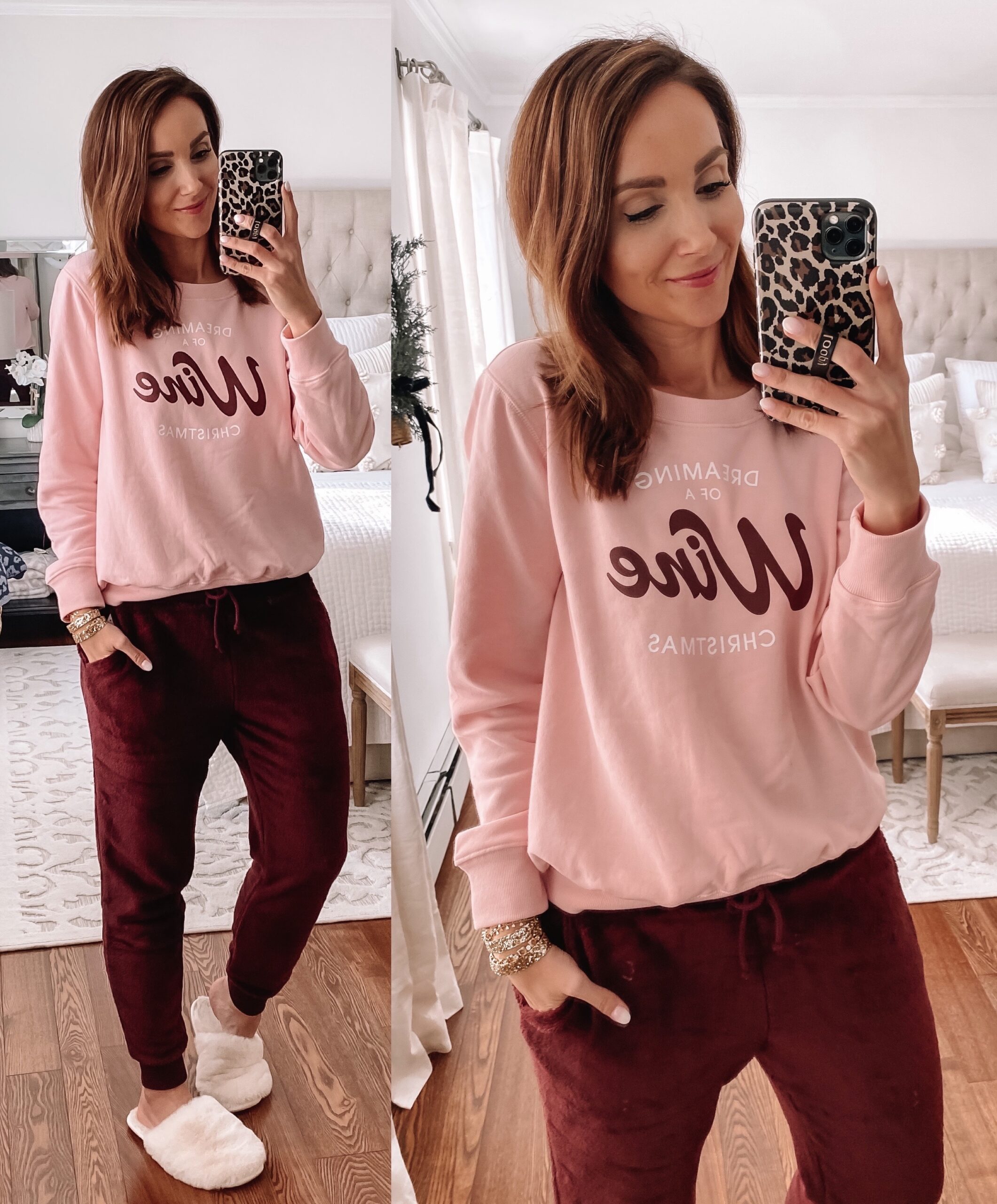 graphic sweatshirt, velvet joggers