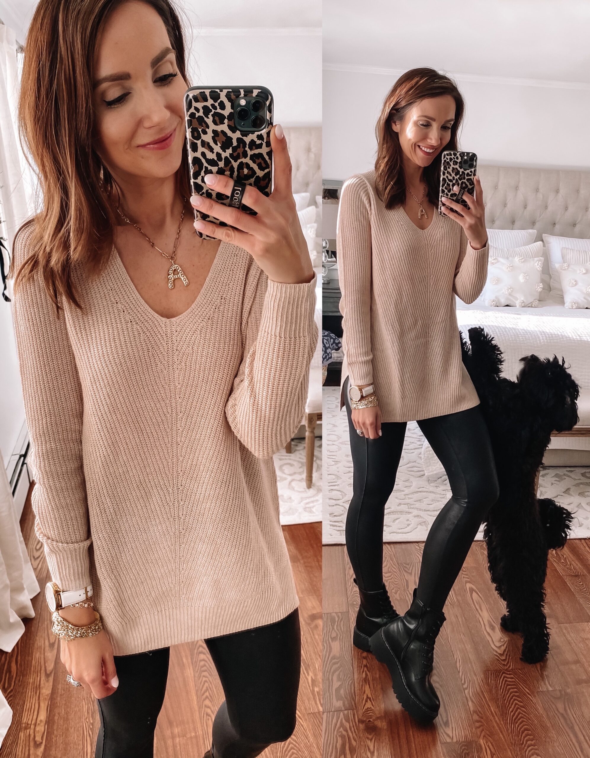 old navy sweater, faux leather leggings