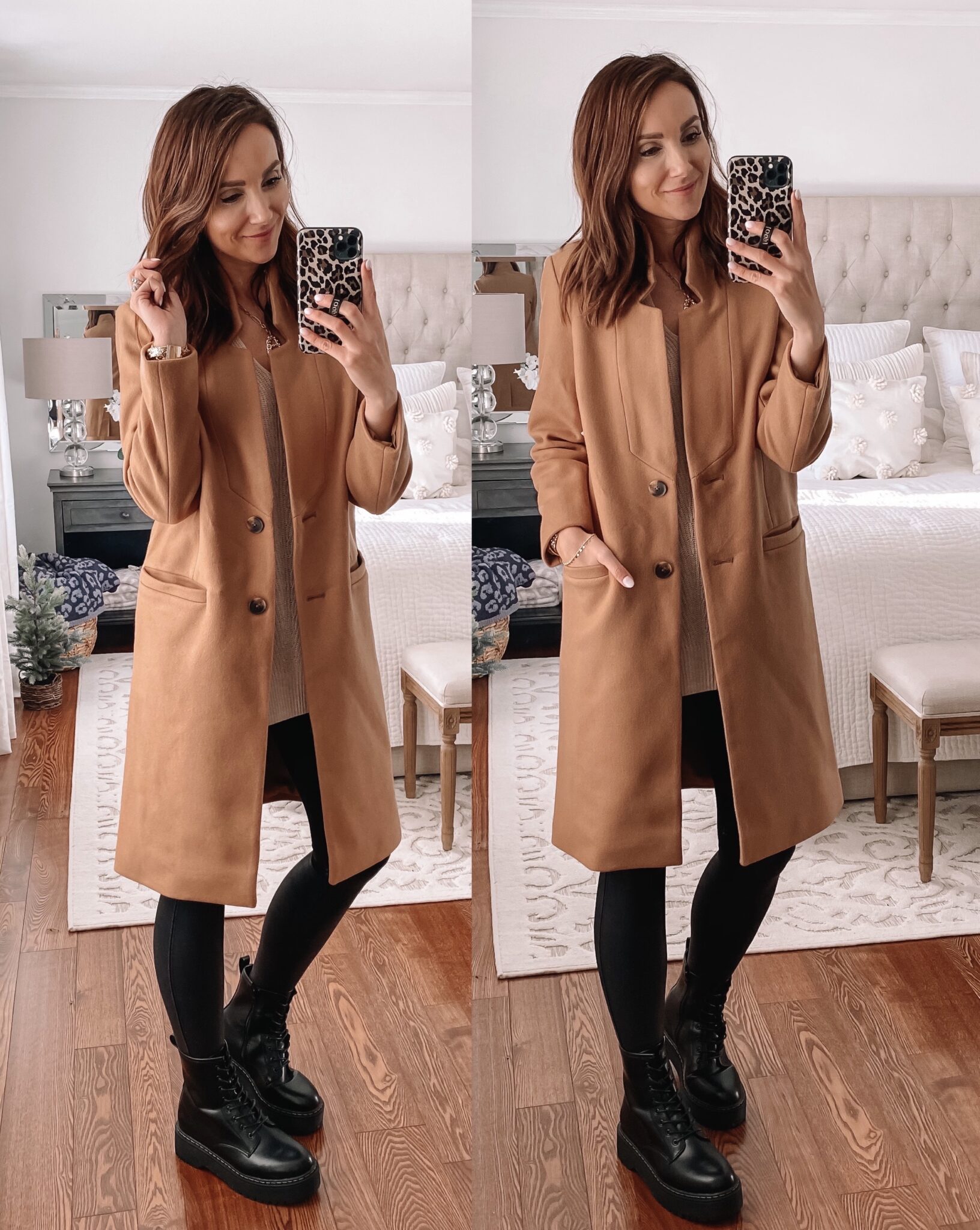 old navy camel coat, faux leather leggings, combat boots