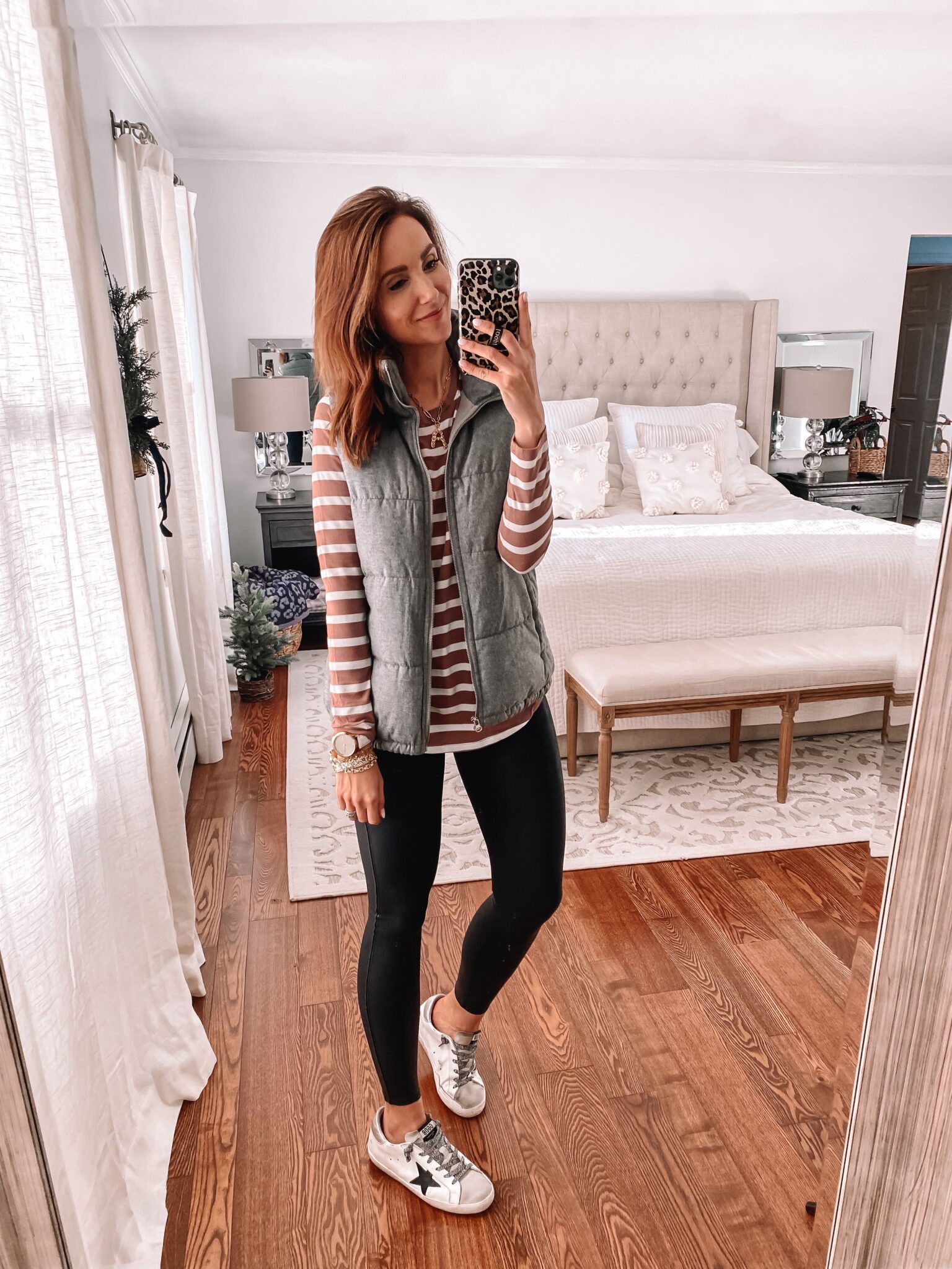old navy puffer vest, faux leather leggings, casual outfit