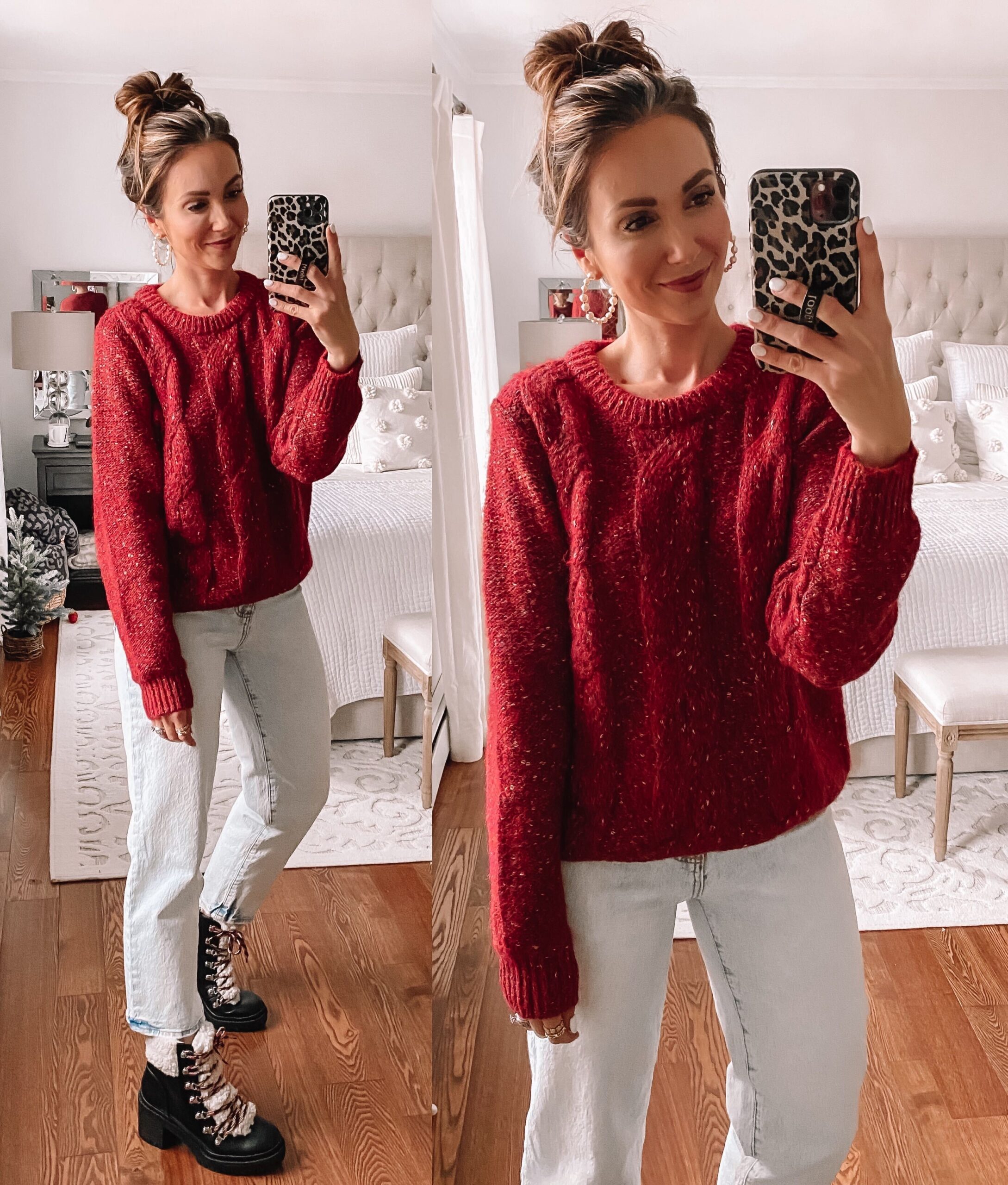 target red sweater with combat boots