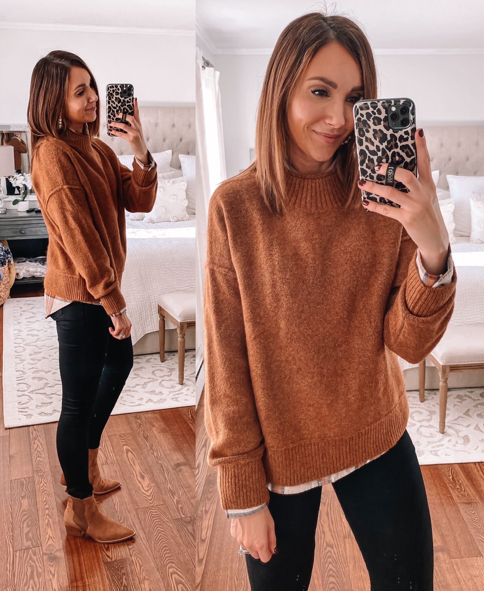 target style, brown sweater with black jeans