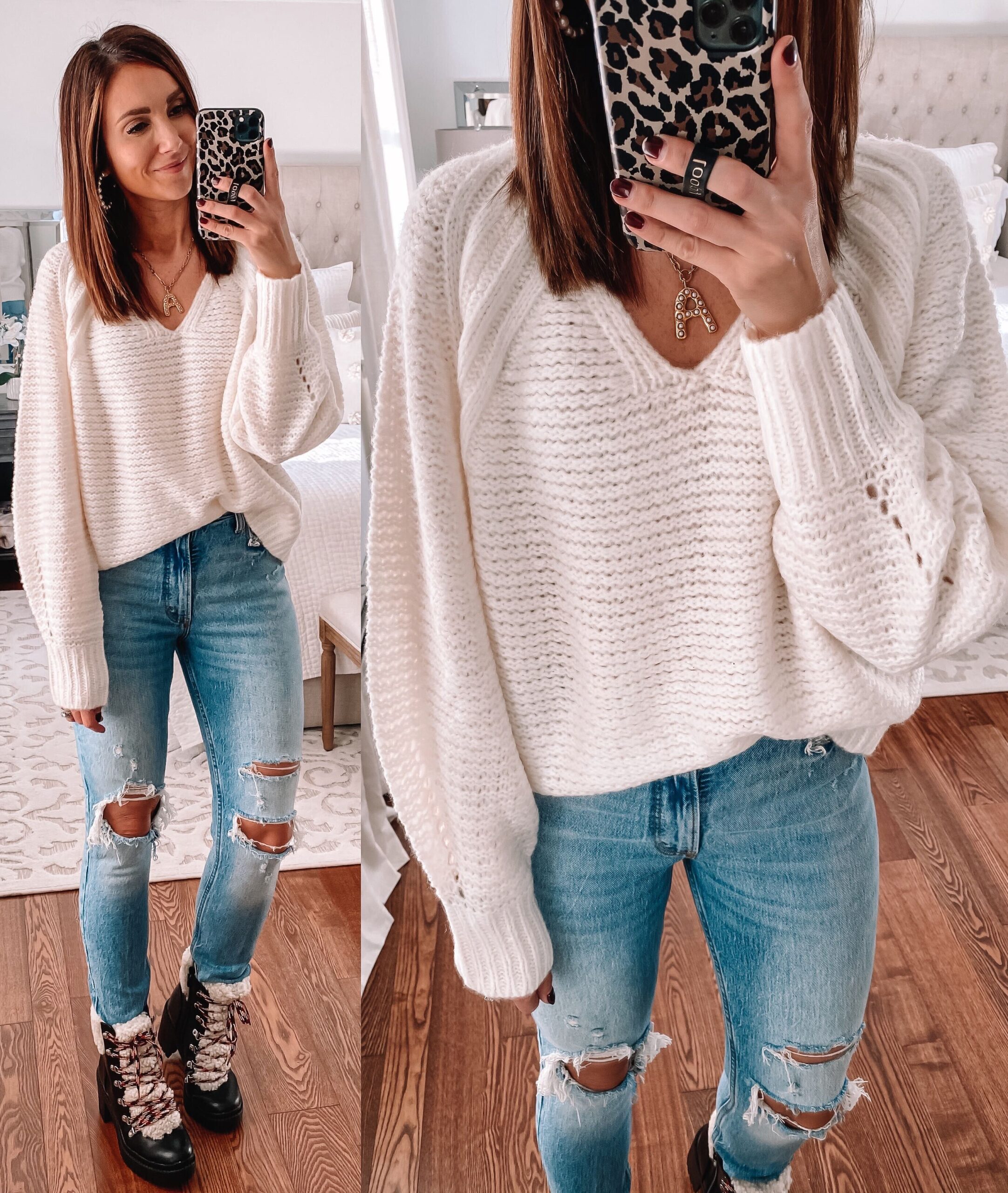 target style, white sweater with jeans and boots