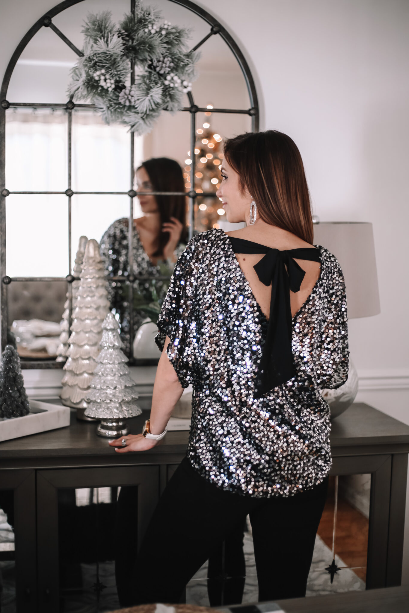 sequin blouse, black jeans, new years eve outfit