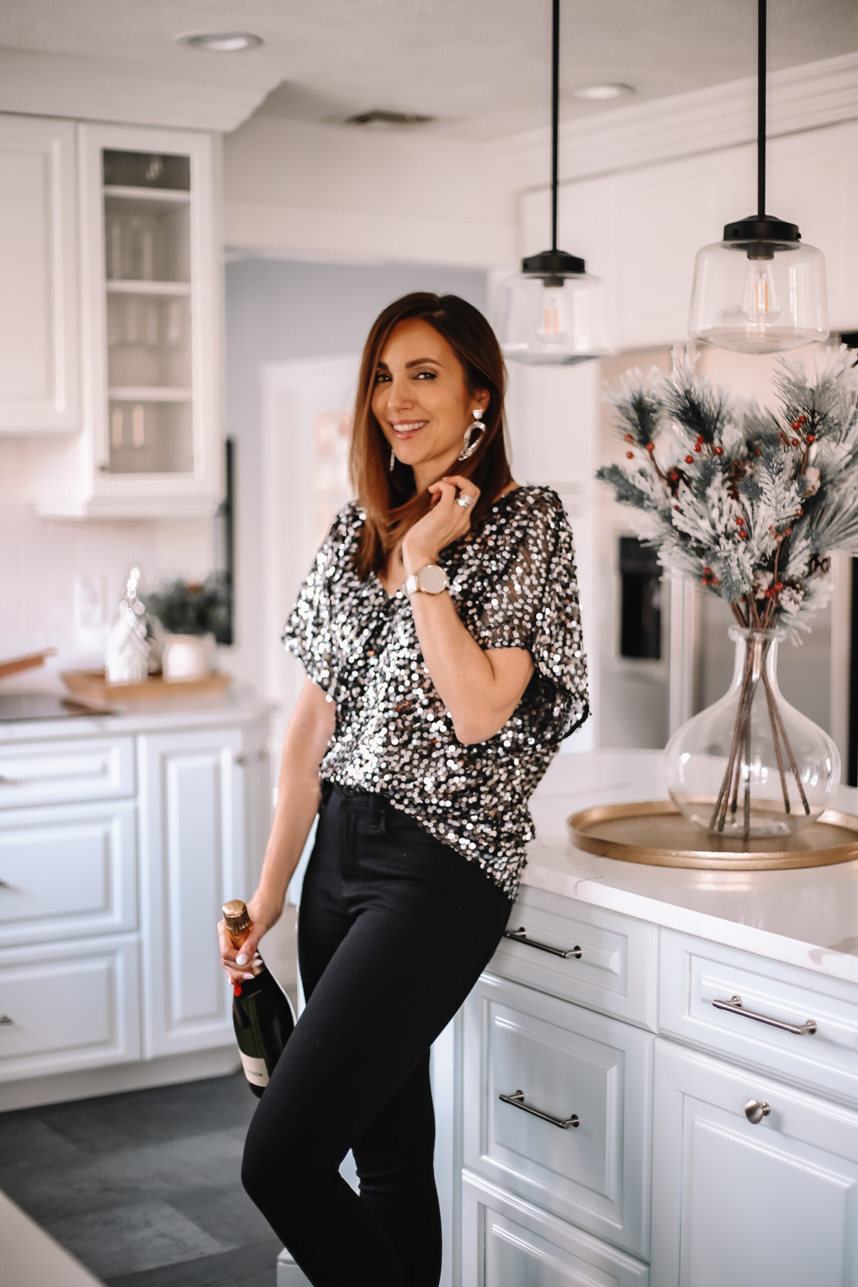 sequin blouse, black jeans