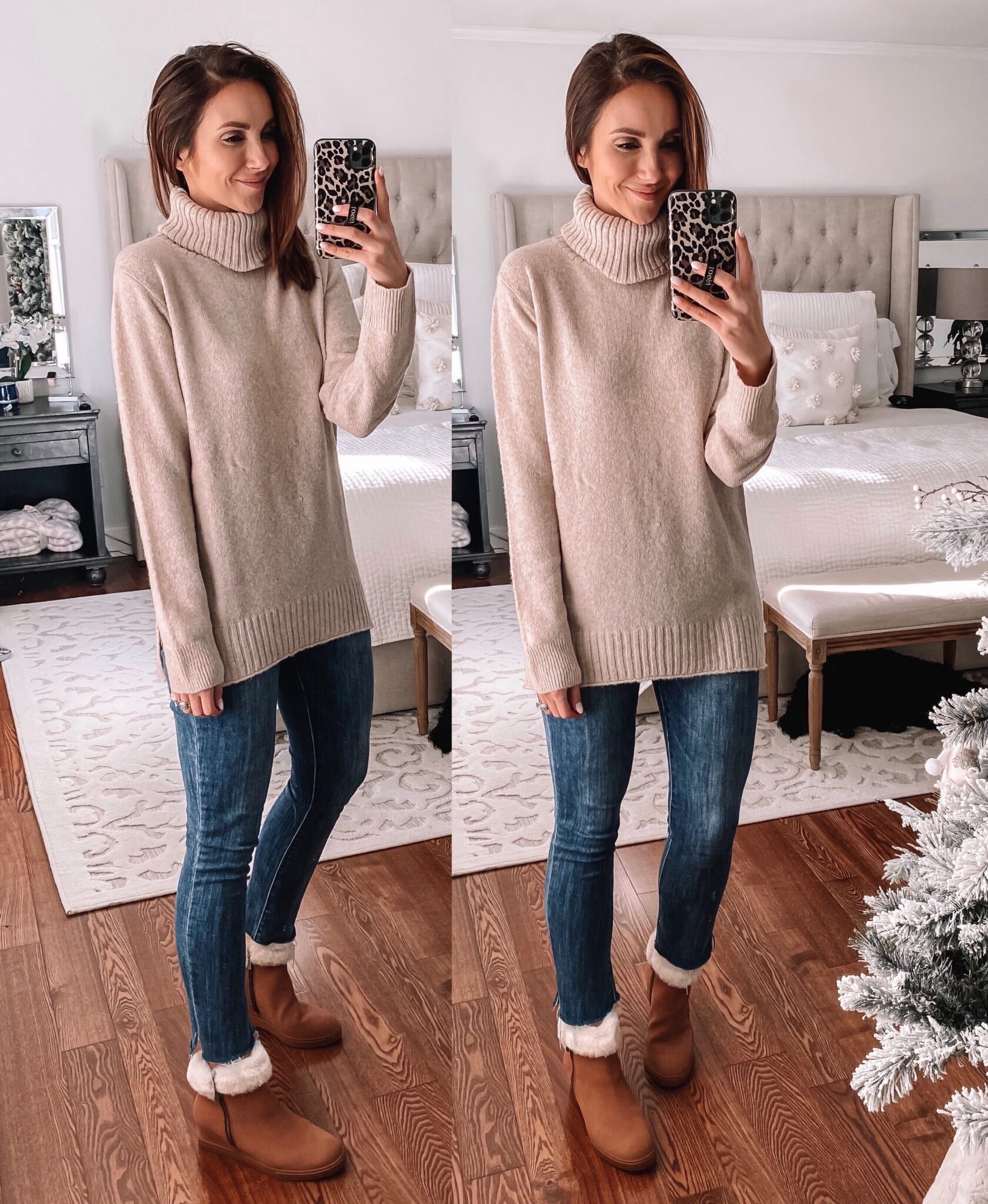turtleneck sweater, faux fur booties