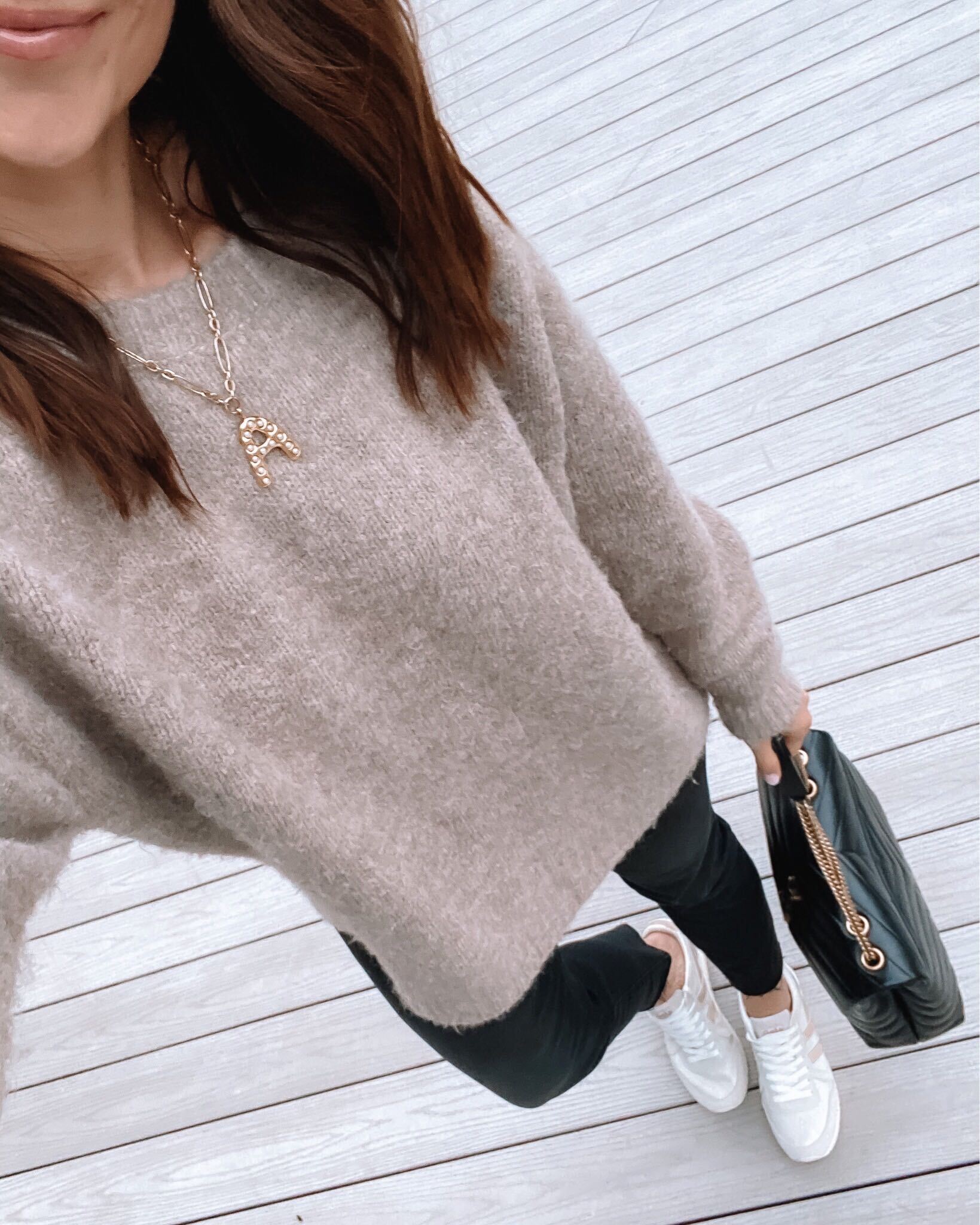 express sweater, leggings, initial necklace