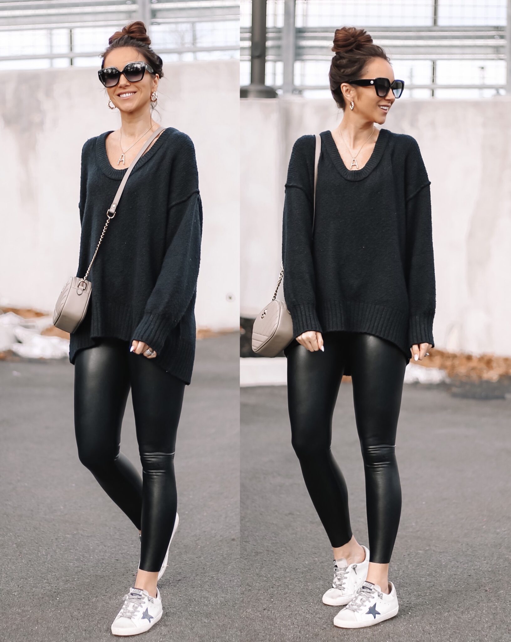 free people sweater, faux leather leggings