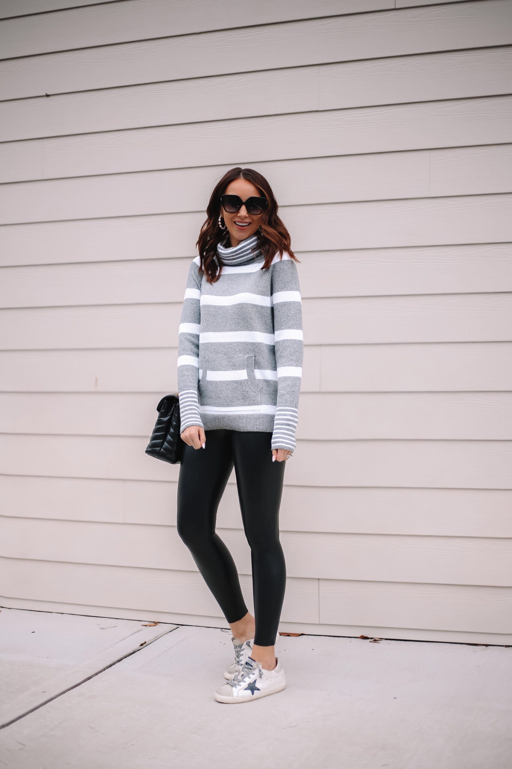 LOFT STRIPE SWEATER, outfit with faux leather leggings