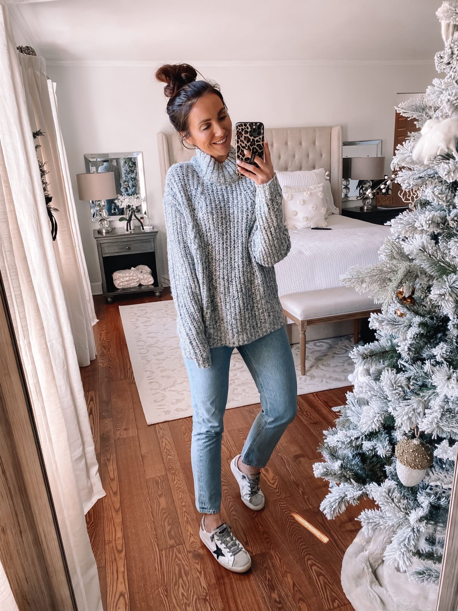 target style, grey sweater with jeans