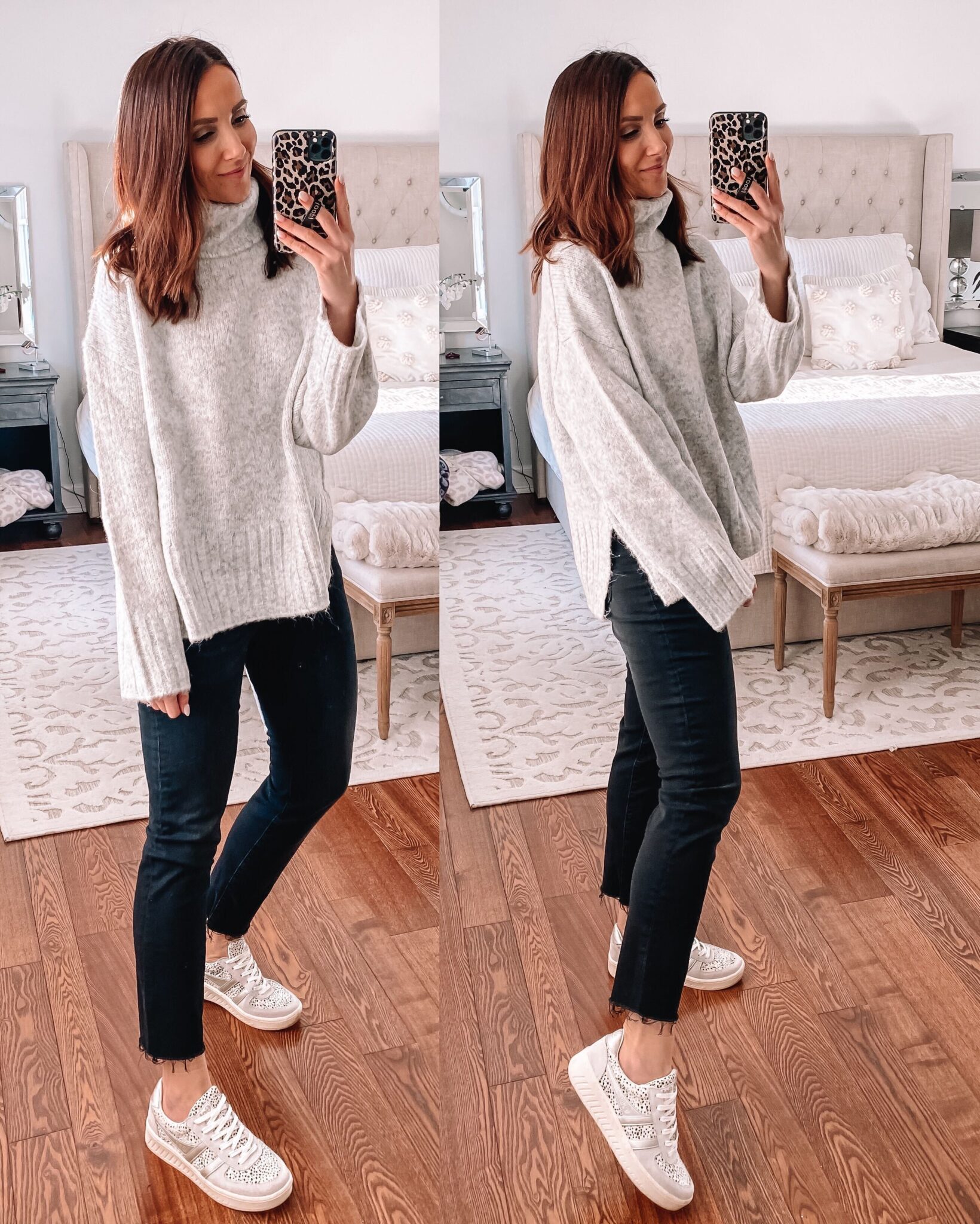 grey sweater with black jeans